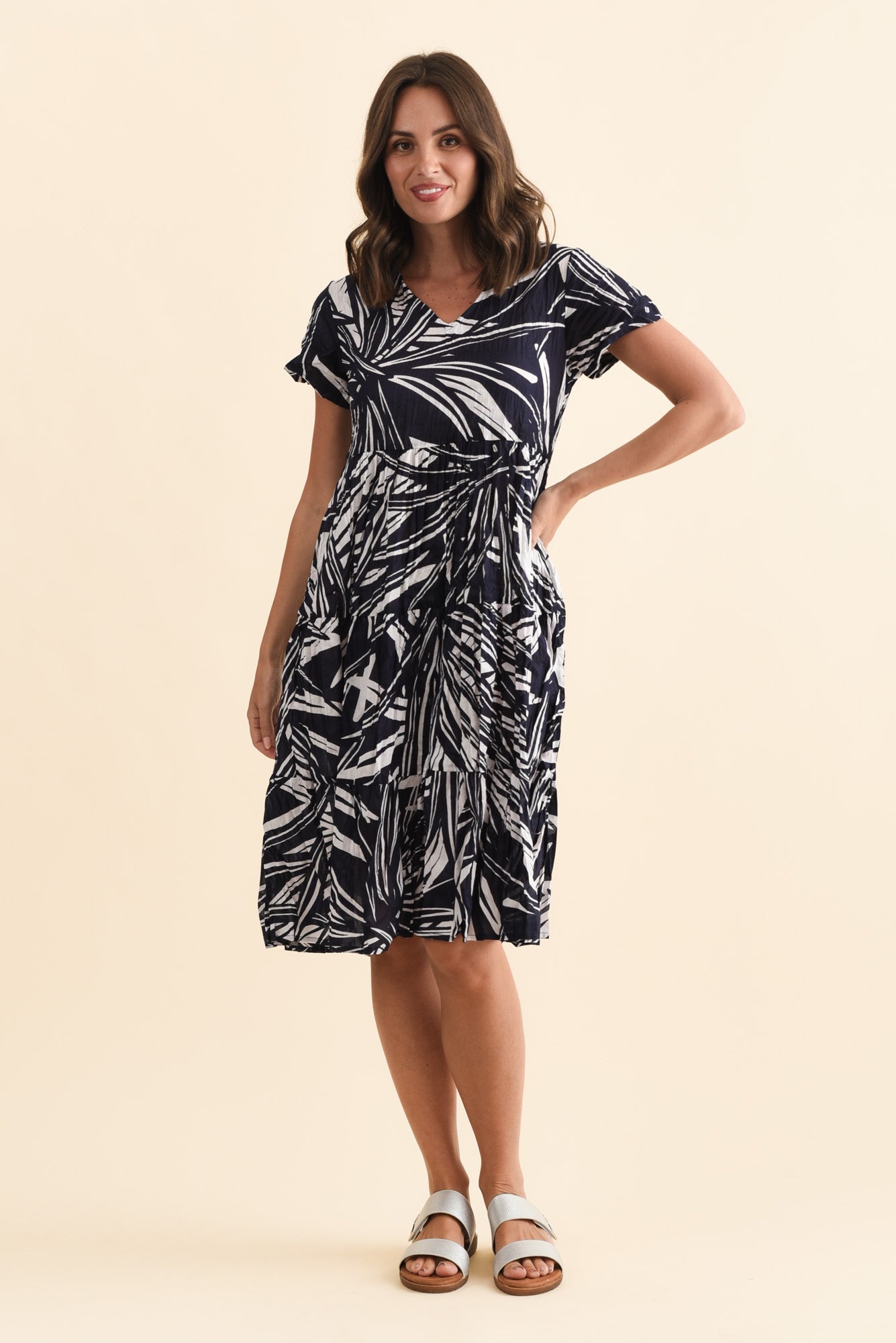 Lania Navy Burst Crinkle Cotton Dress Front View