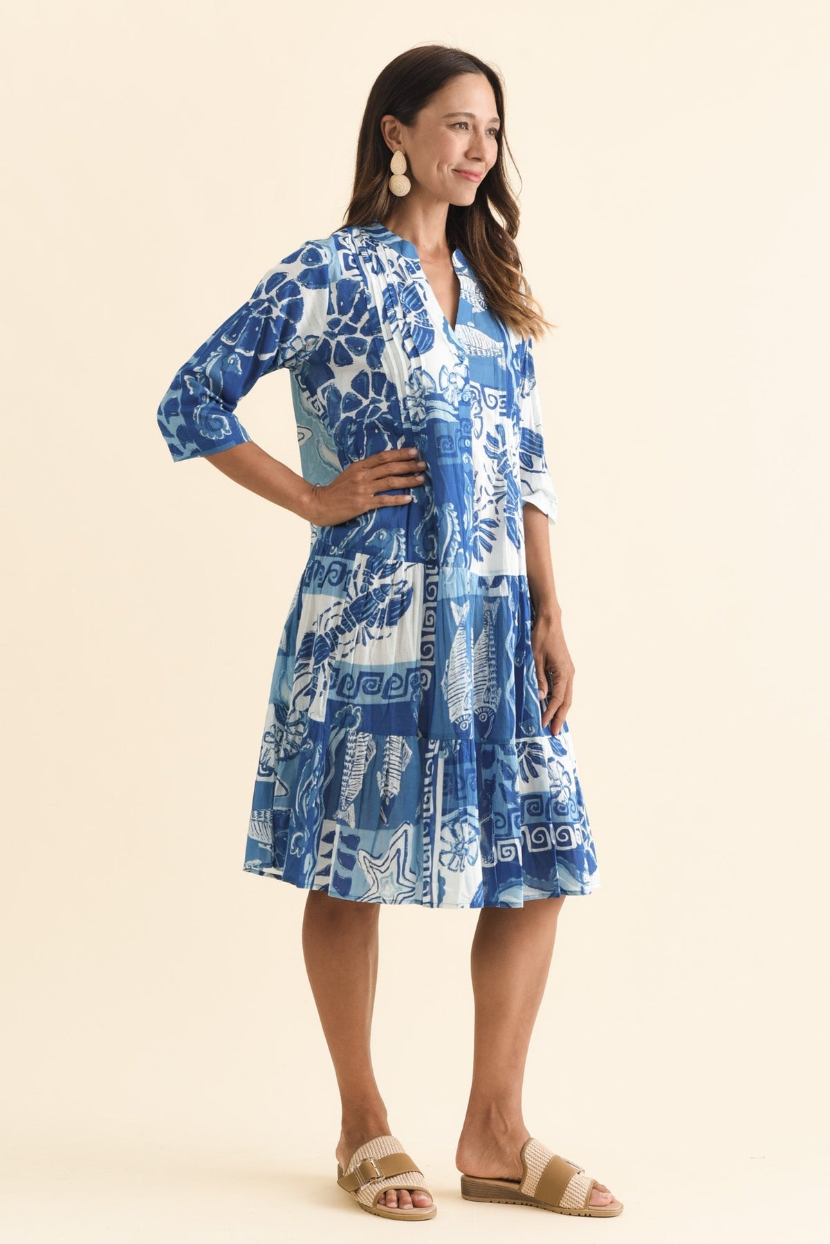 Larissa Blue Ocean Cotton Pleated Dress Side View