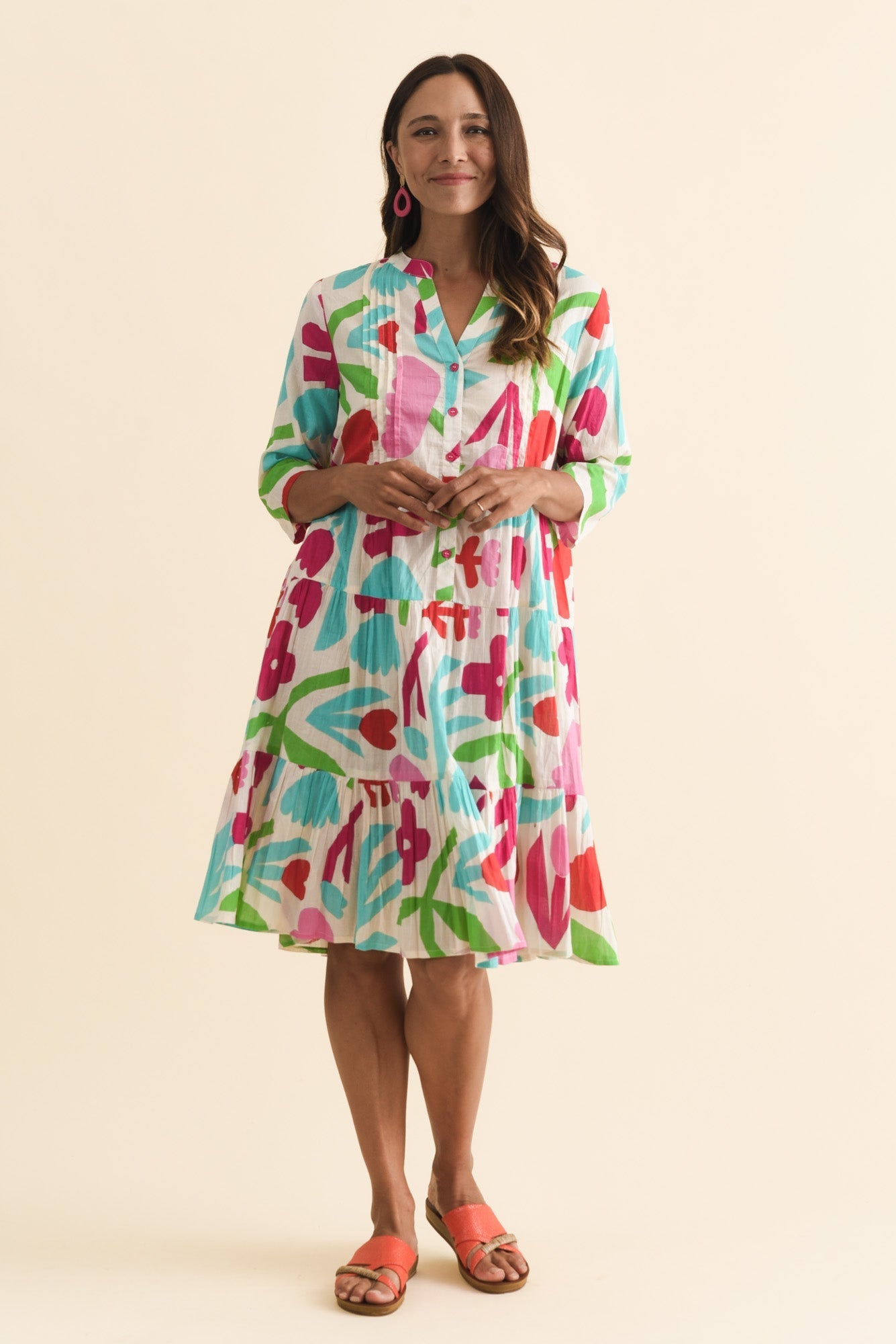 Larissa White Flower Cotton Pleated Dress Front View 2