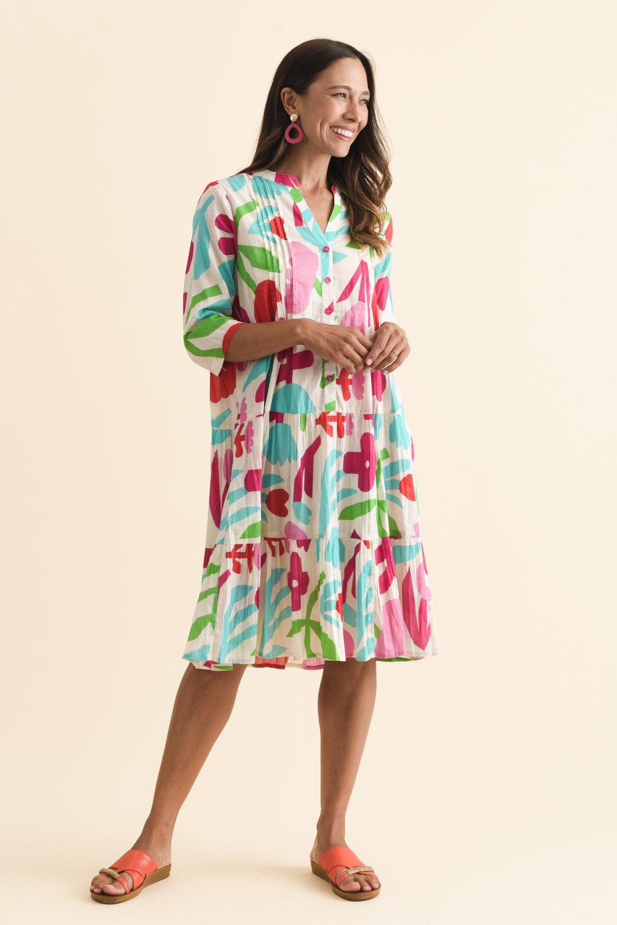 Larissa White Flower Cotton Pleated Dress Full Length View