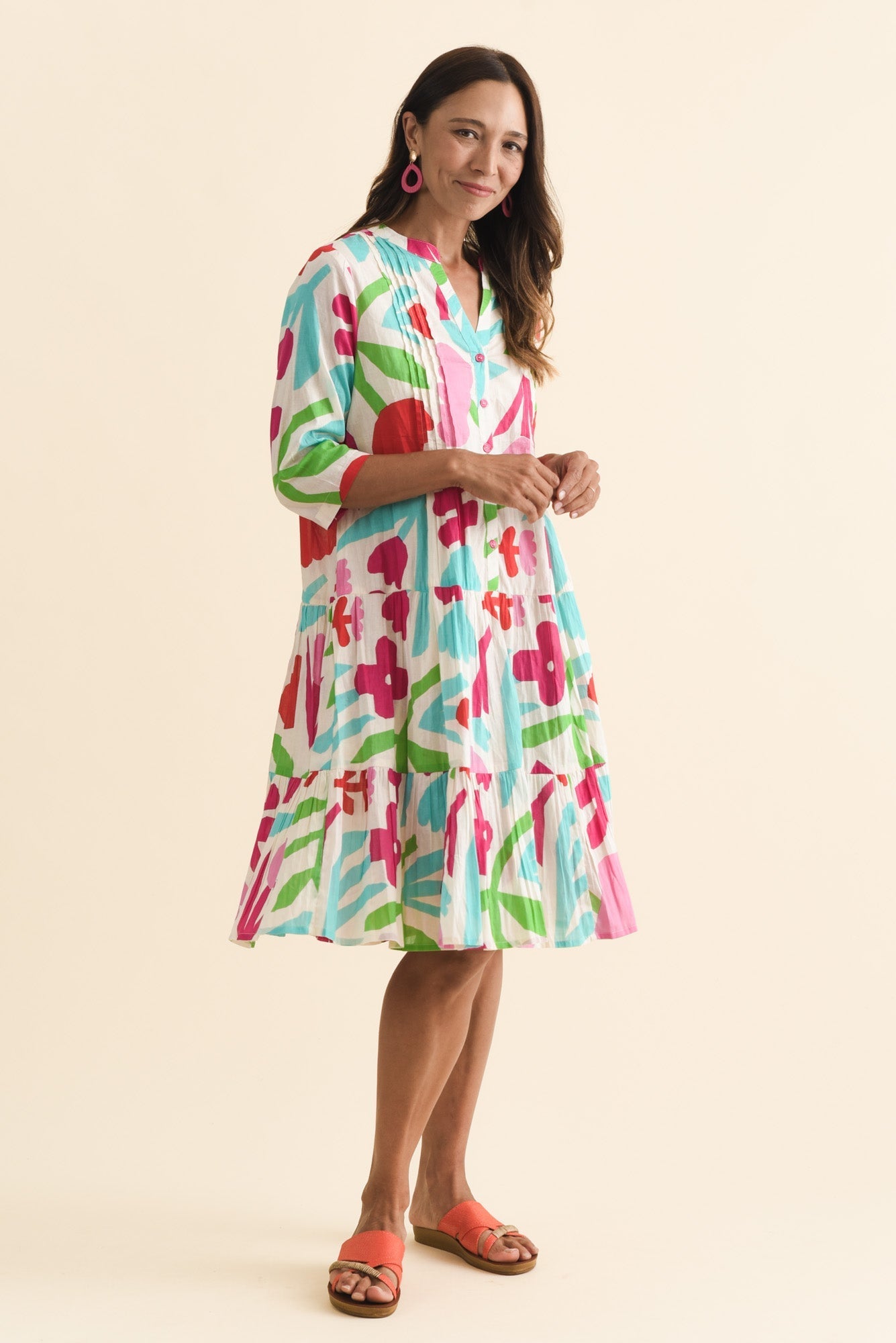 Larissa White Flower Cotton Pleated Dress Front View