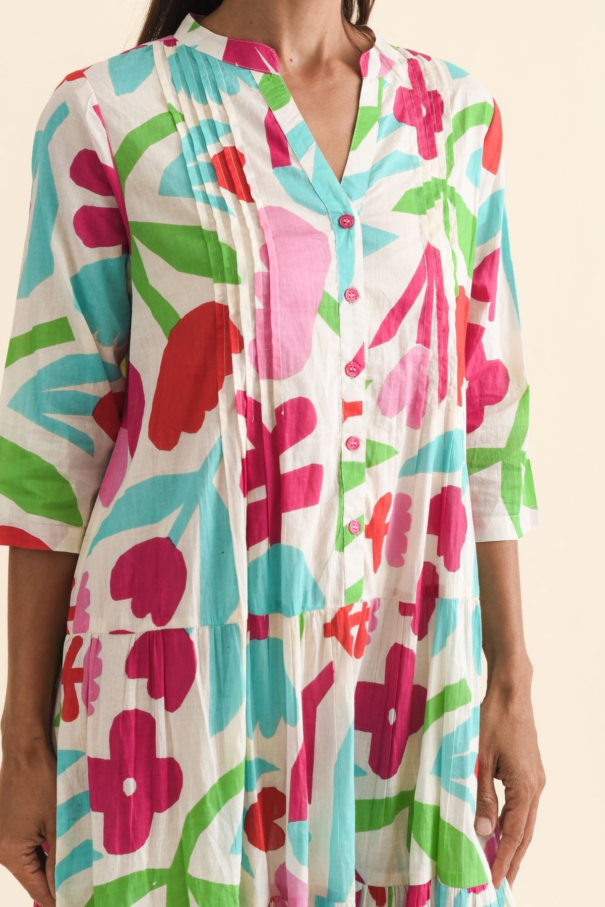 Larissa White Flower Cotton Pleated Dress Detail View