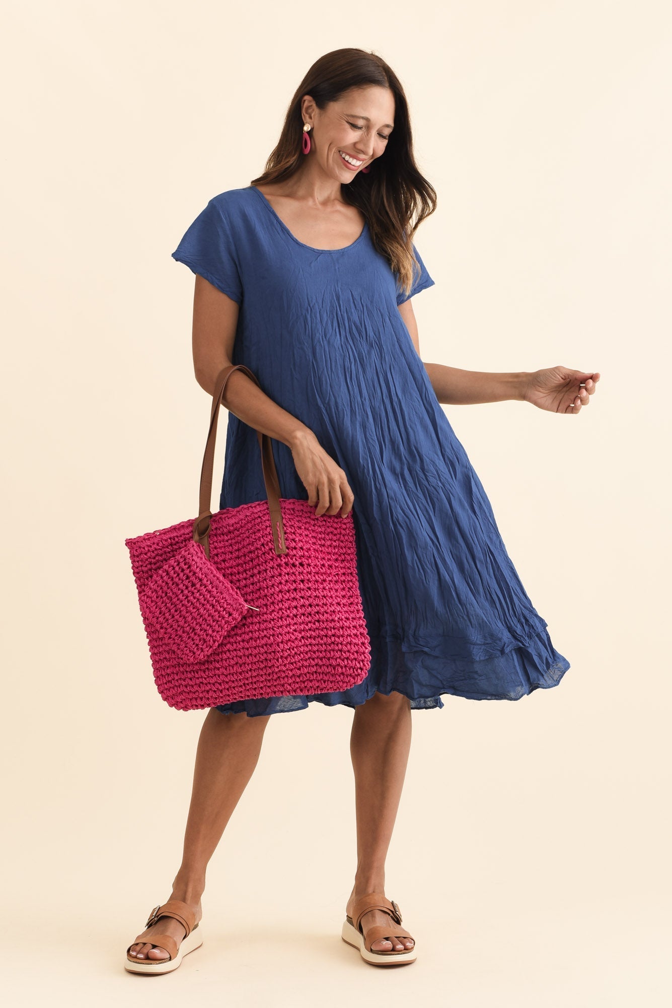 Lauren Navy Crinkle Cotton Dress Front View 2