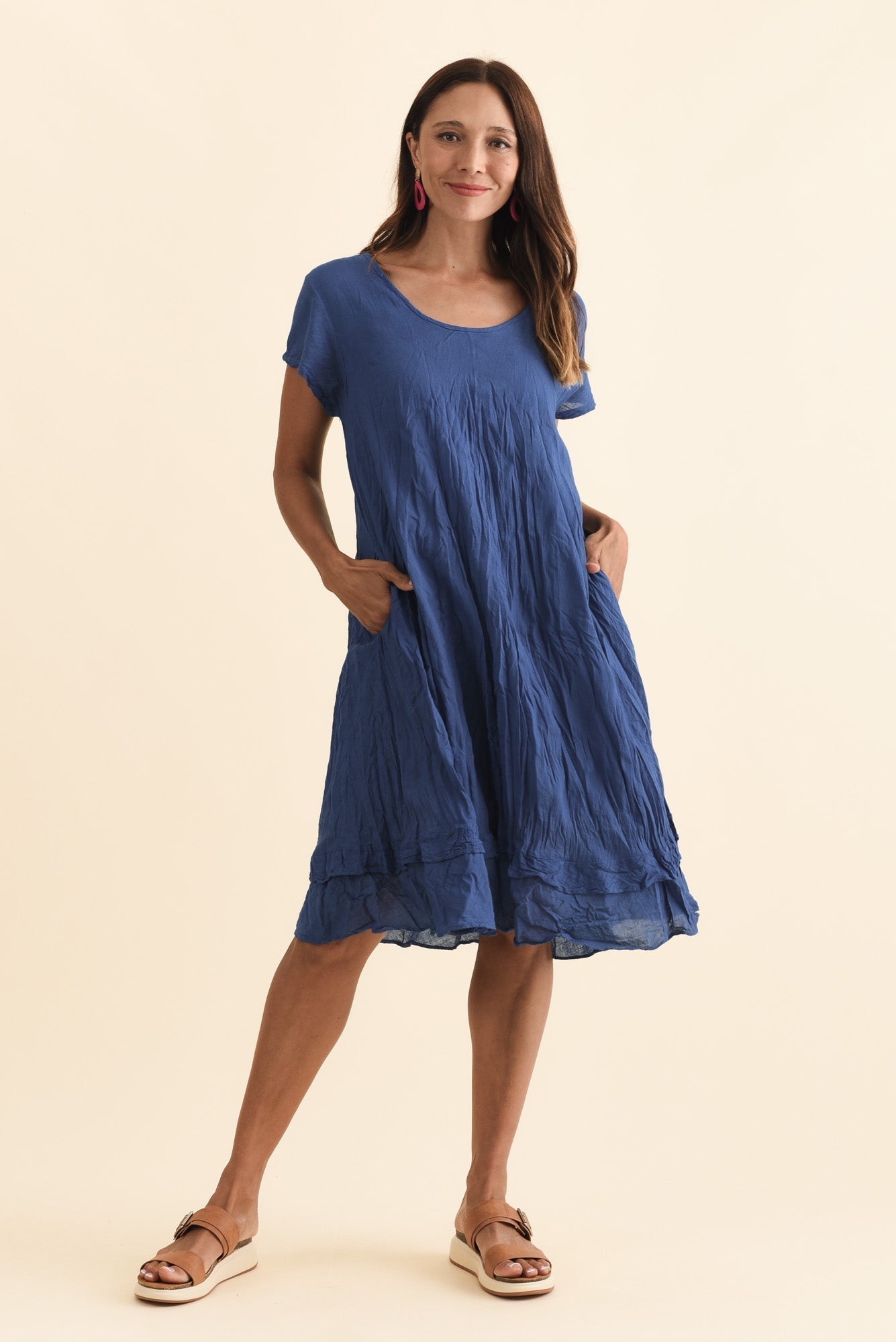 Lauren Navy Crinkle Cotton Dress Front View