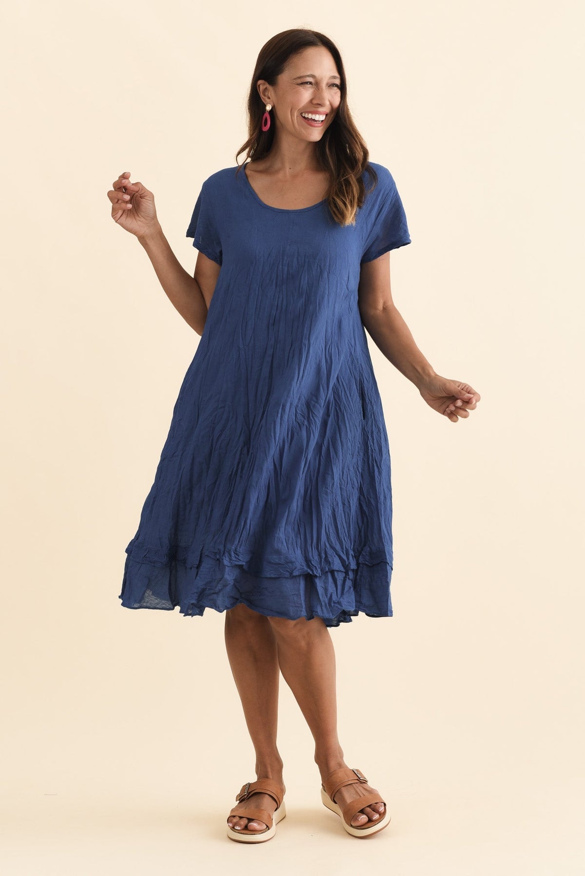 Lauren Navy Crinkle Cotton Dress Full Length View