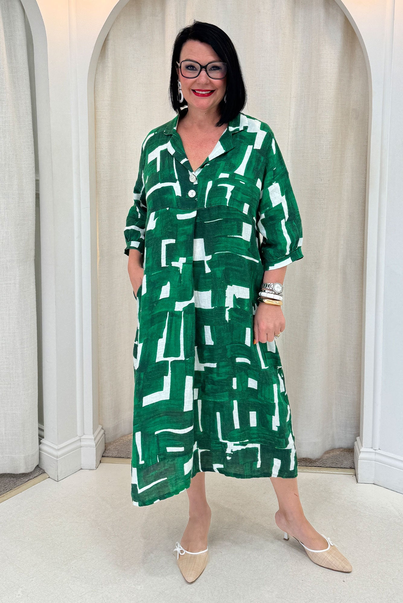 Daria Green Geo Linen Collared Dress Front View 2