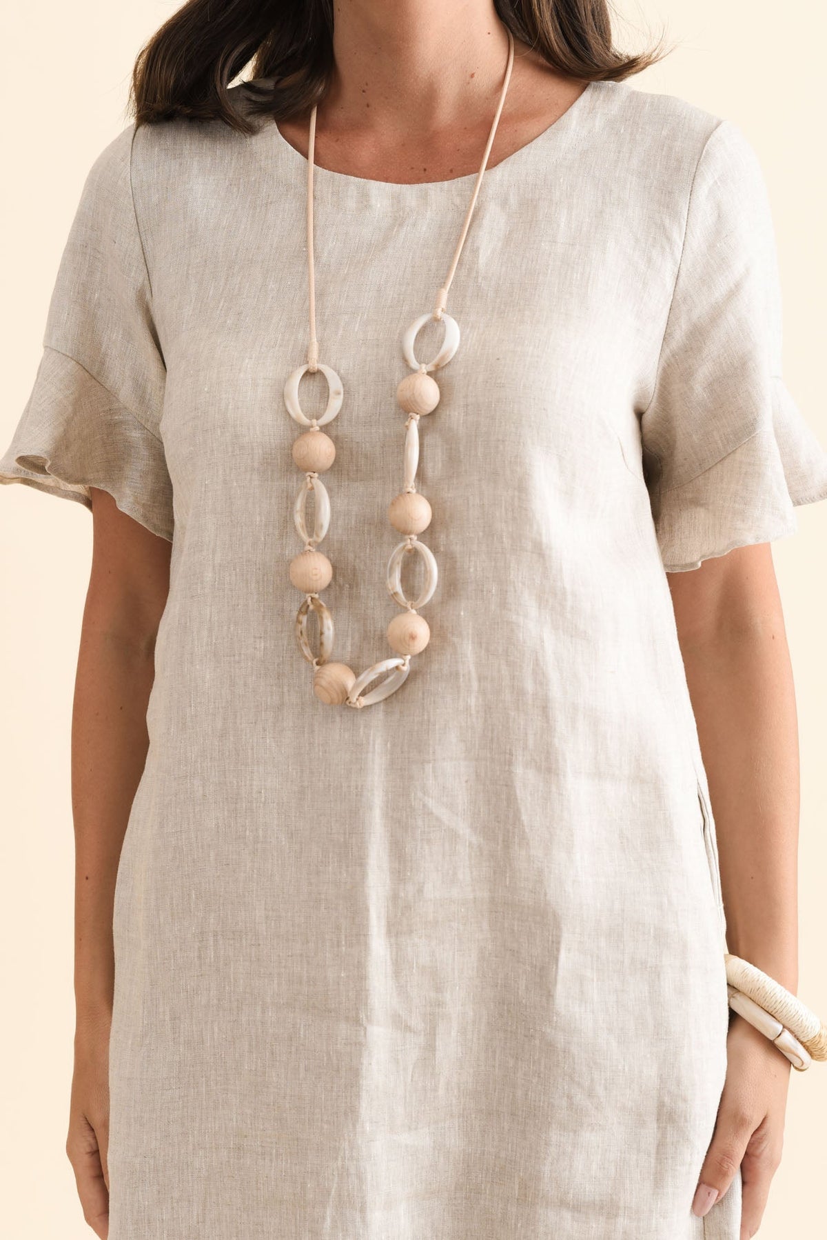 Lesley Beige Linen Flutter Sleeve Dress Full Length View