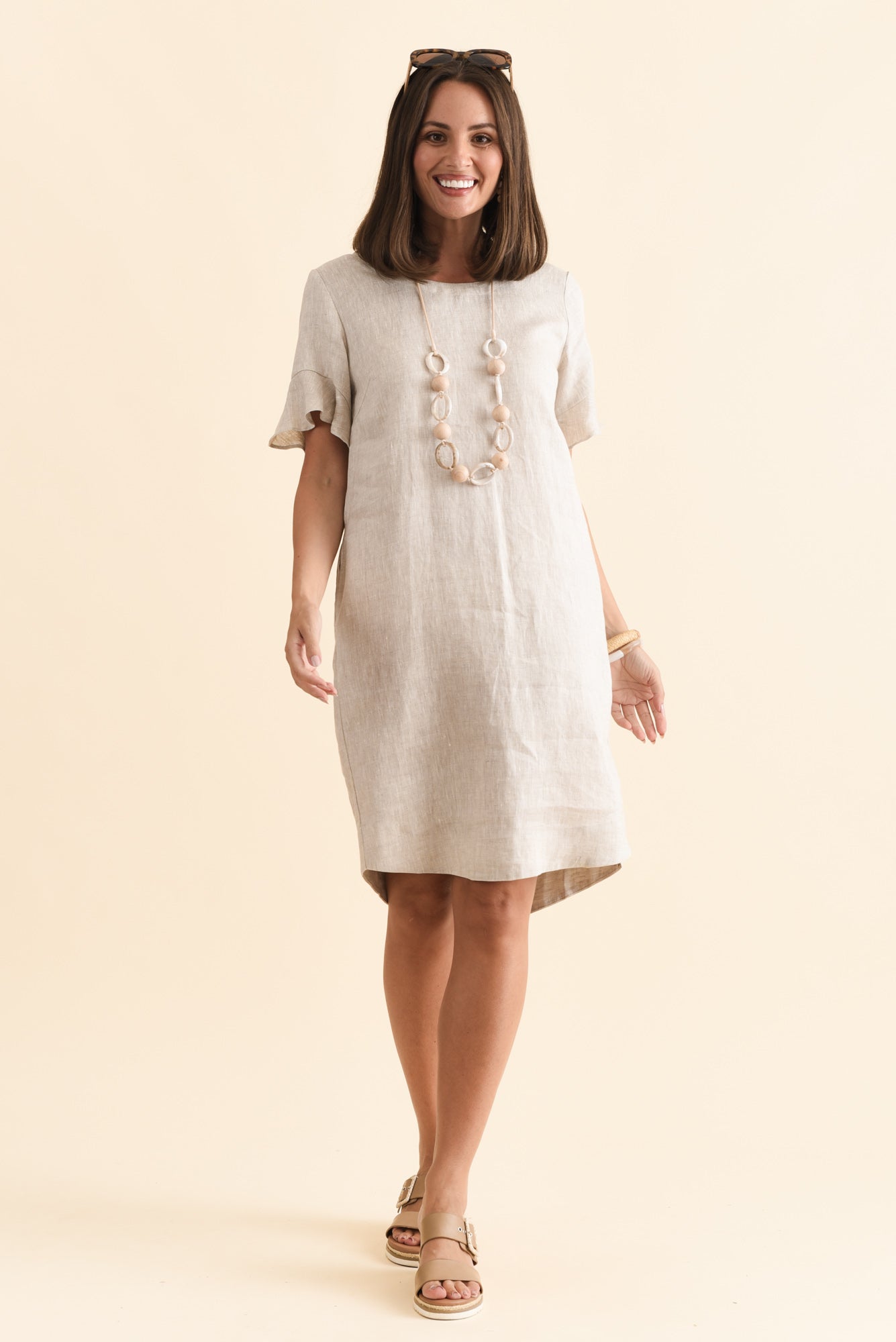 Lesley Beige Linen Flutter Sleeve Dress Front View