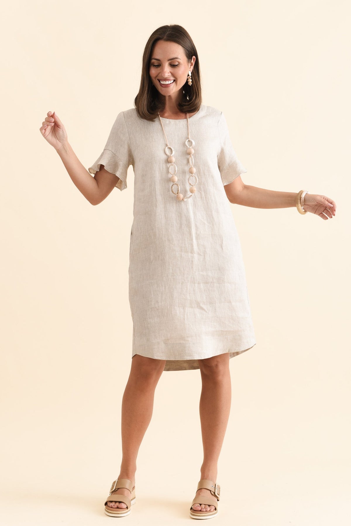 Lesley Beige Linen Flutter Sleeve Dress Back View 2