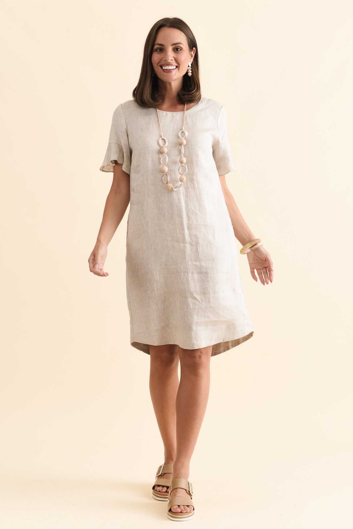 Lesley Beige Linen Flutter Sleeve Dress Back View