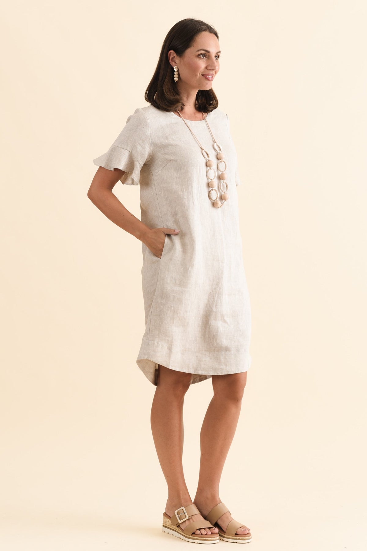 Lesley Beige Linen Flutter Sleeve Dress Side View