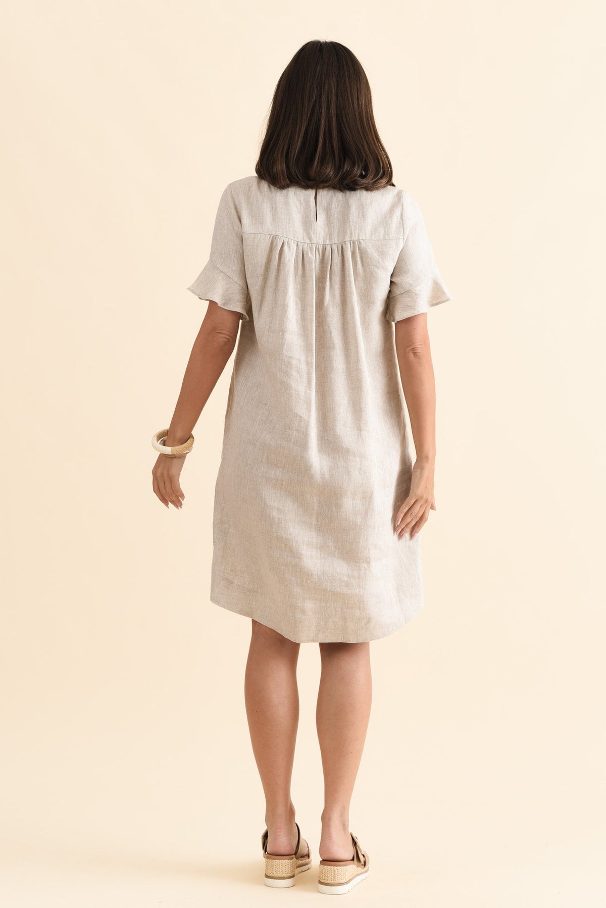 Lesley Beige Linen Flutter Sleeve Dress Detail View