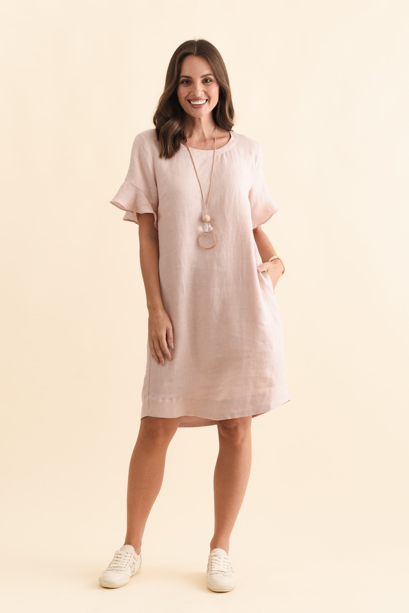 Lesley Blush Linen Flutter Sleeve Dress Front View