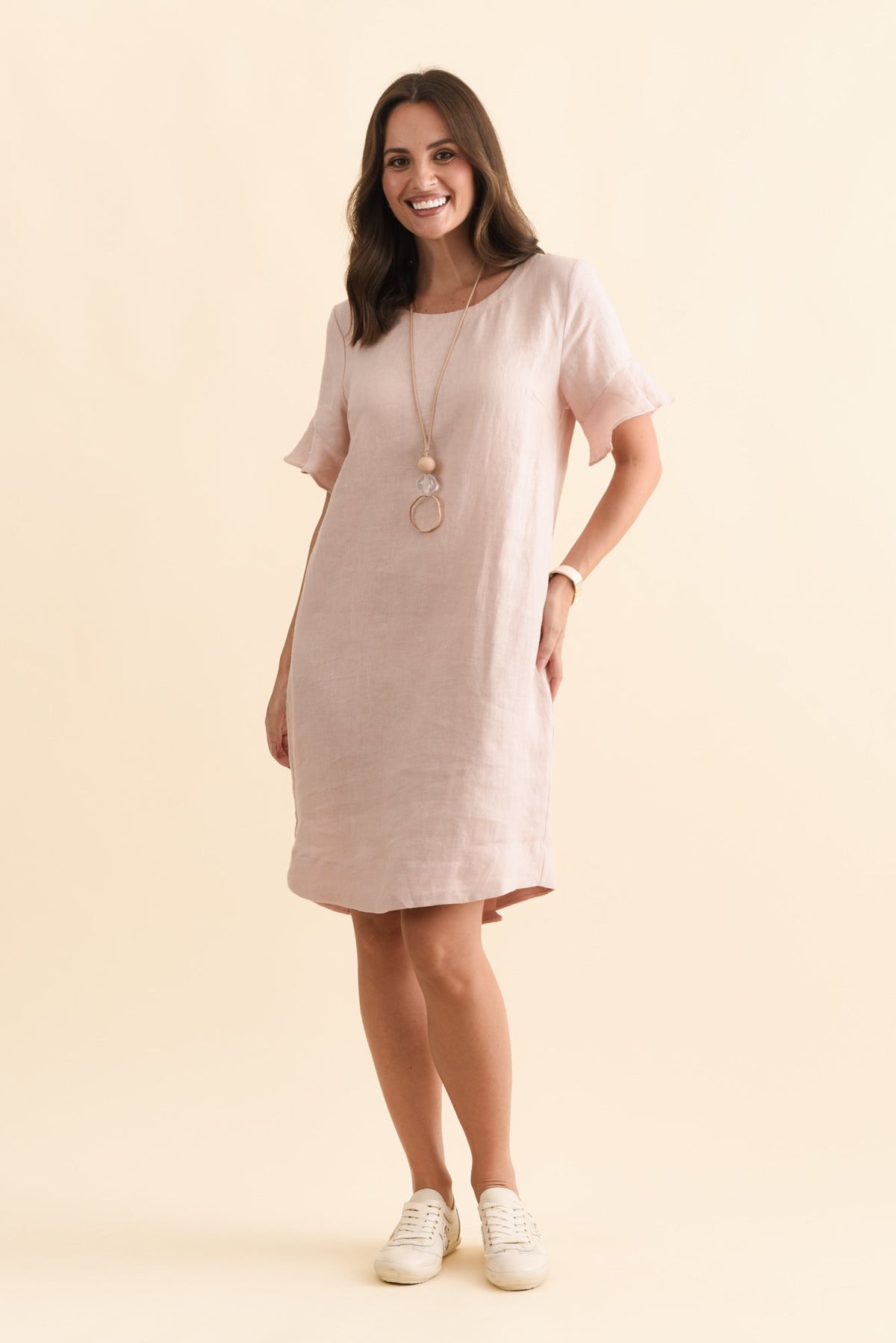 Lesley Blush Linen Flutter Sleeve Dress Full Length View