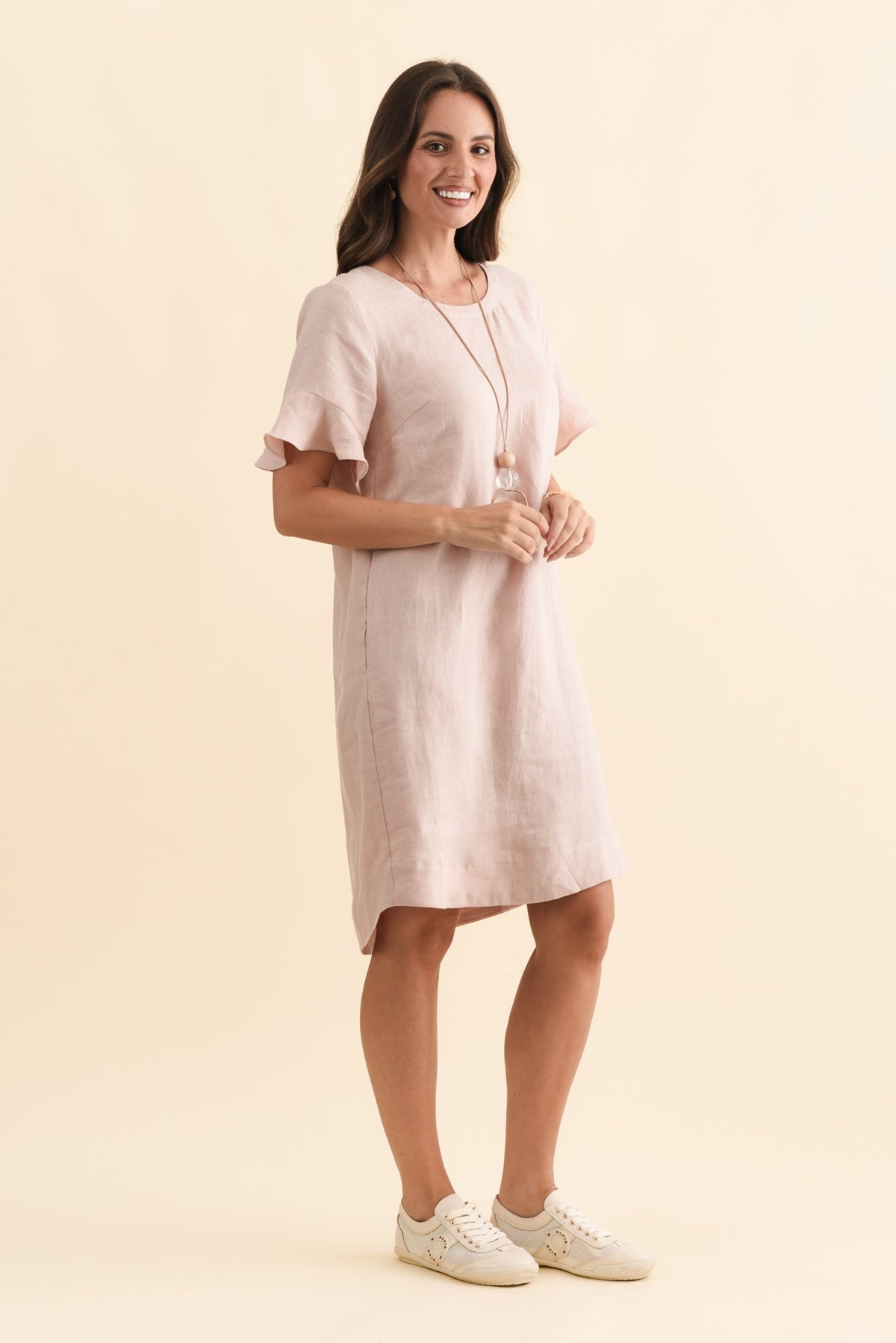 Lesley Blush Linen Flutter Sleeve Dress Back View