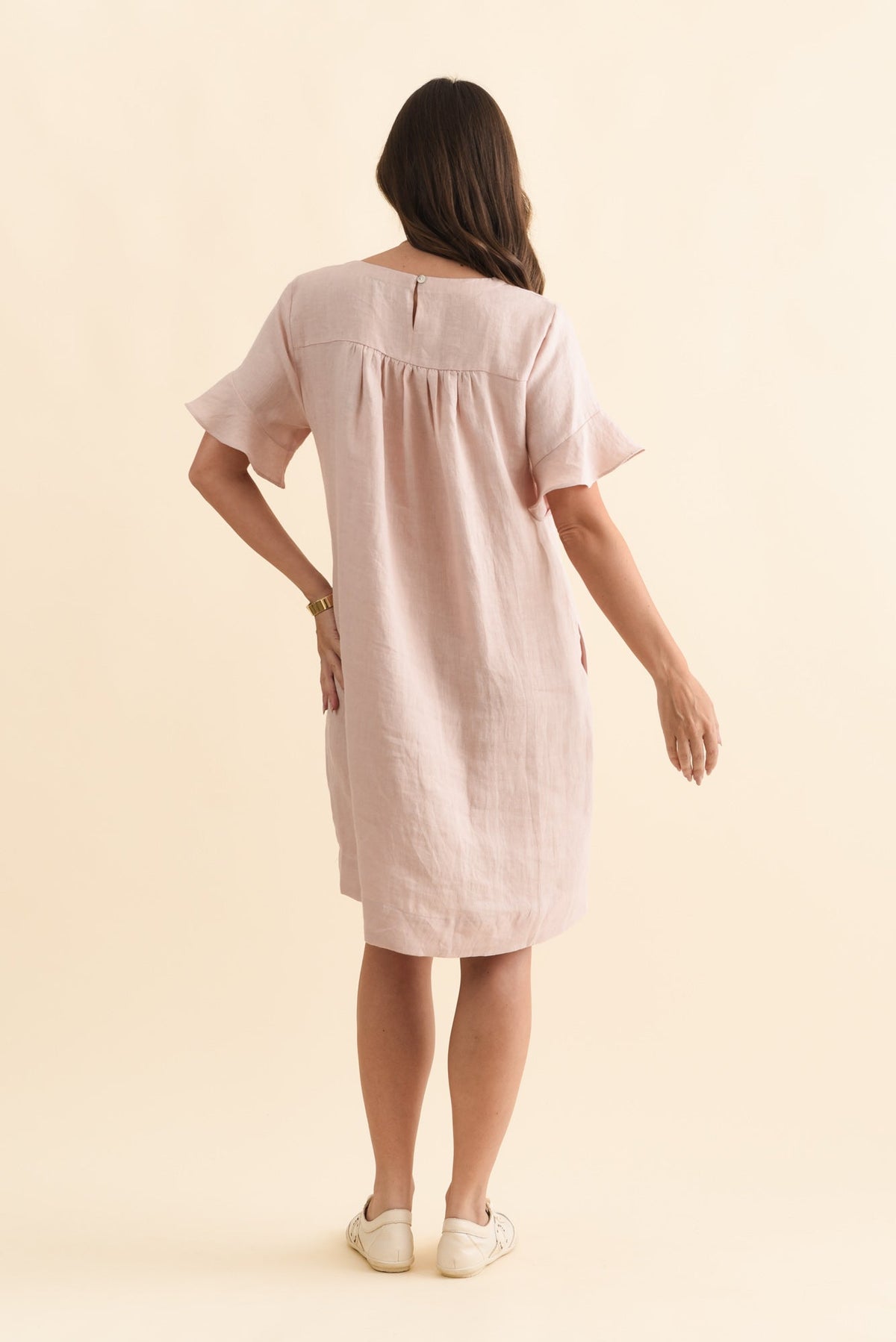Lesley Blush Linen Flutter Sleeve Dress Side View