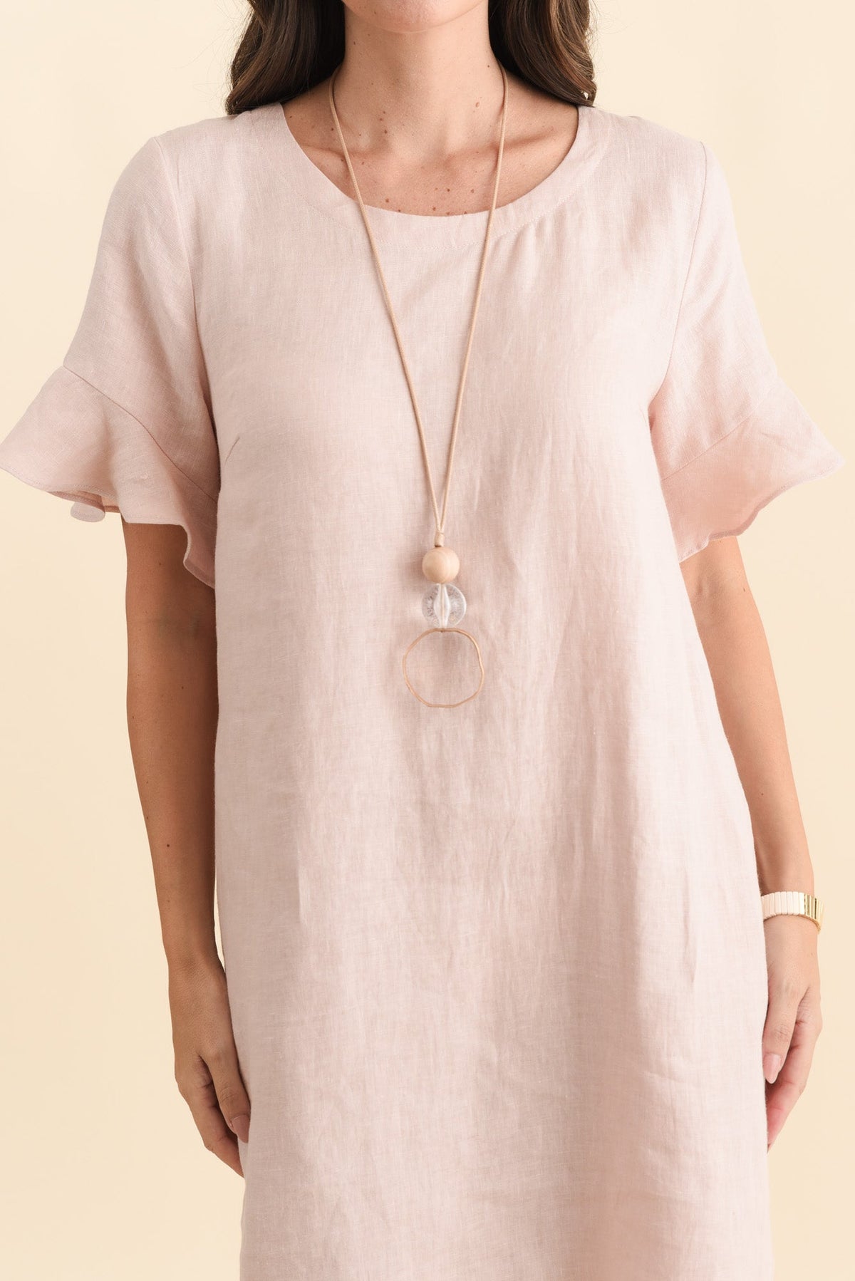 Lesley Blush Linen Flutter Sleeve Dress Detail View