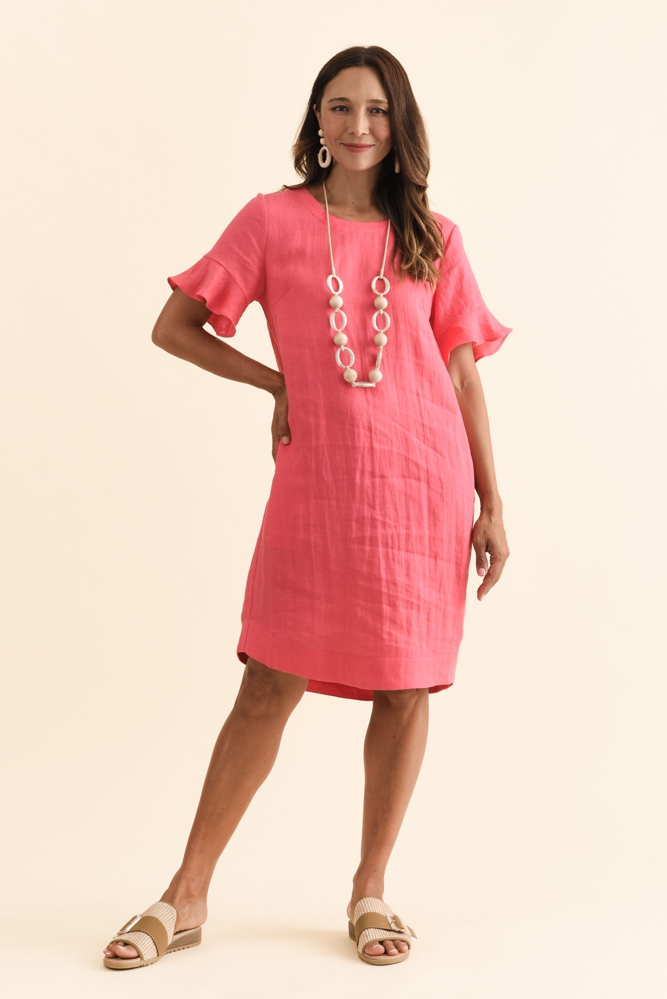 Lesley Melon Linen Flutter Sleeve Dress Front View 2