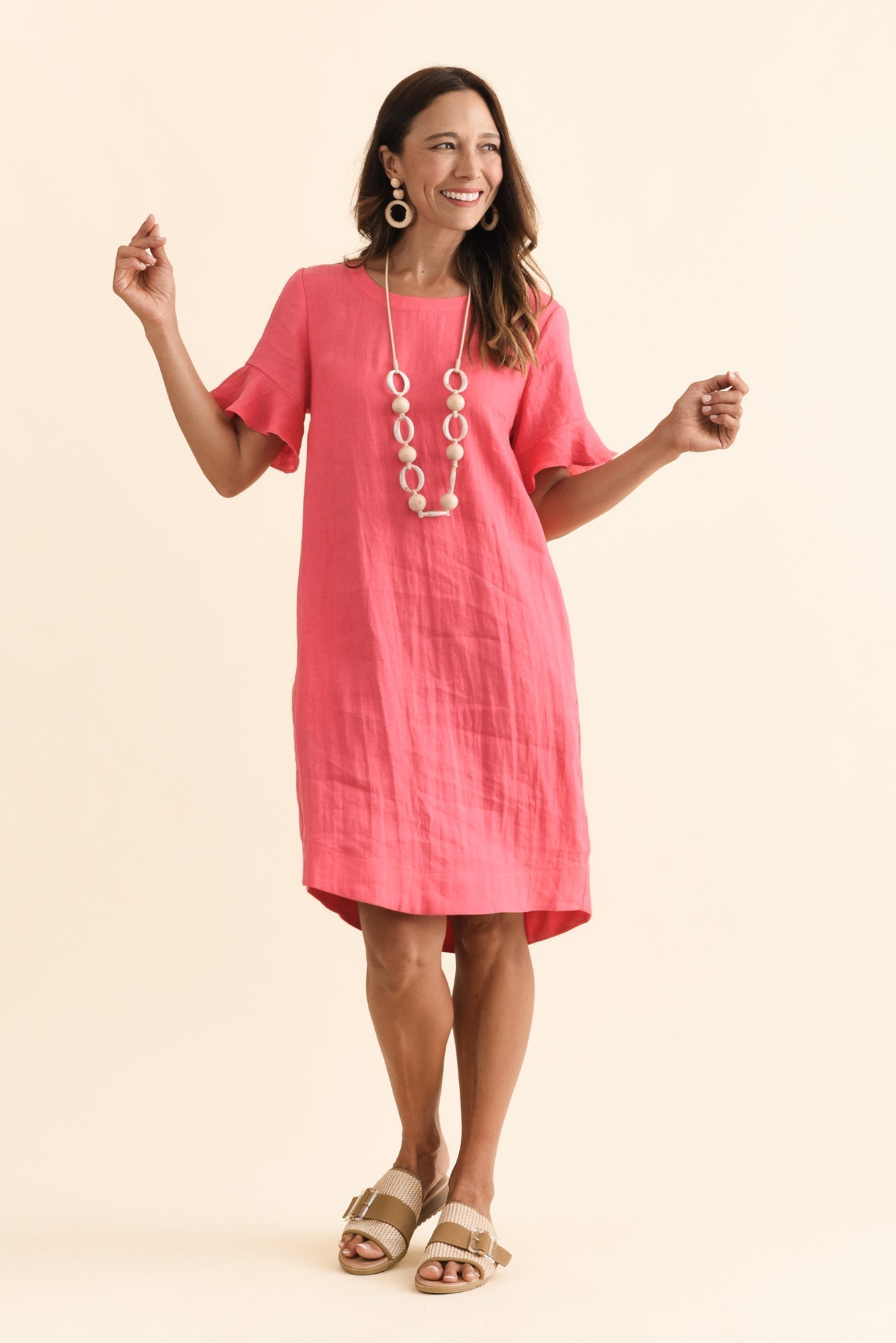 Lesley Melon Linen Flutter Sleeve Dress Front View