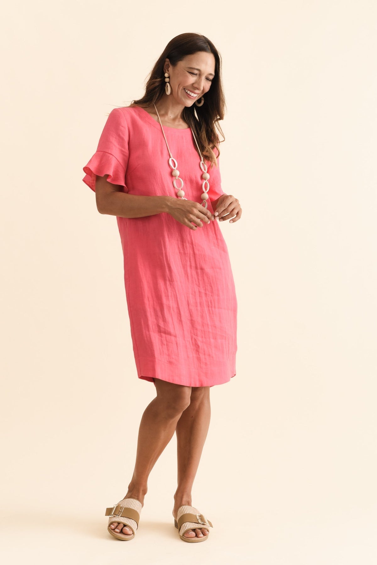Lesley Melon Linen Flutter Sleeve Dress Full Length View
