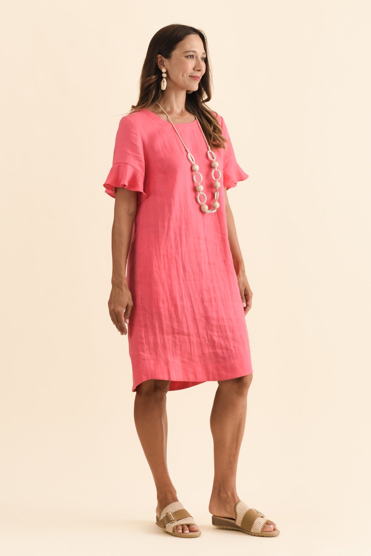 Lesley Melon Linen Flutter Sleeve Dress Back View