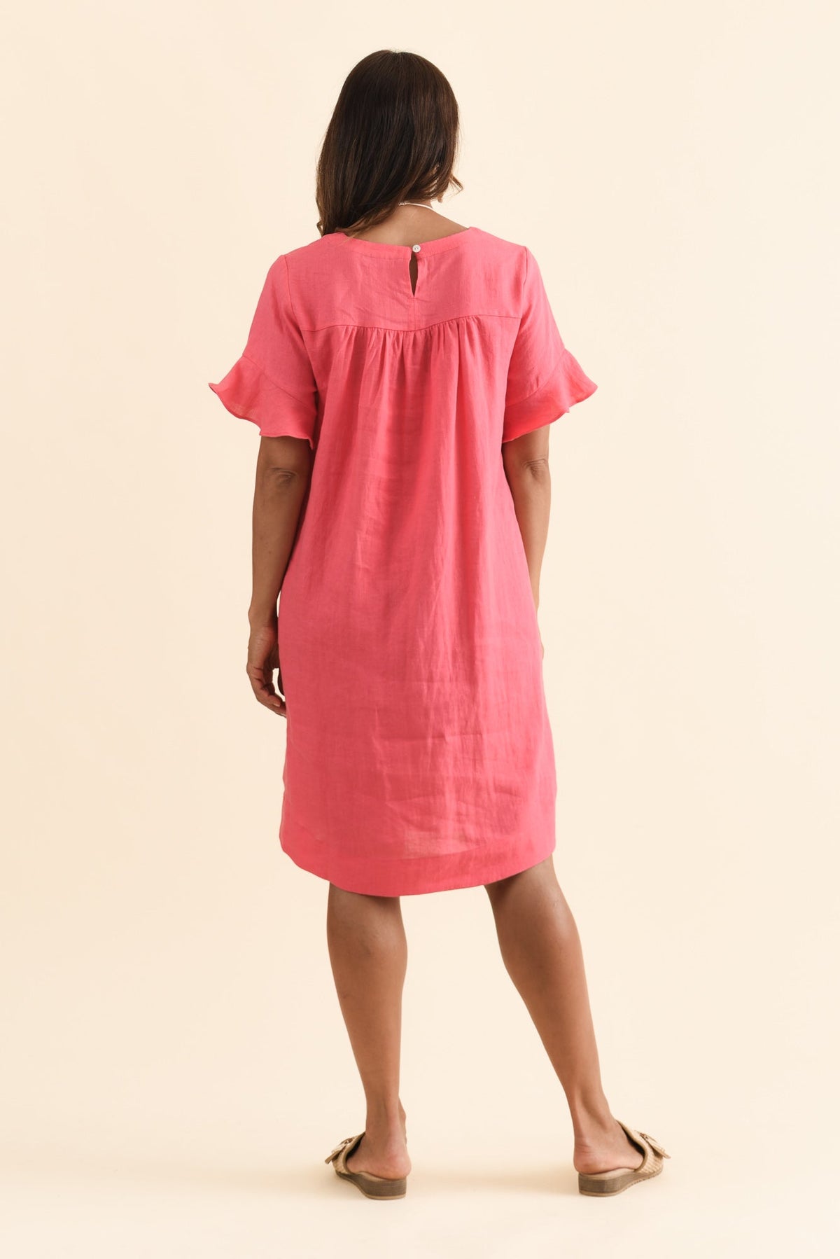 Lesley Melon Linen Flutter Sleeve Dress Side View