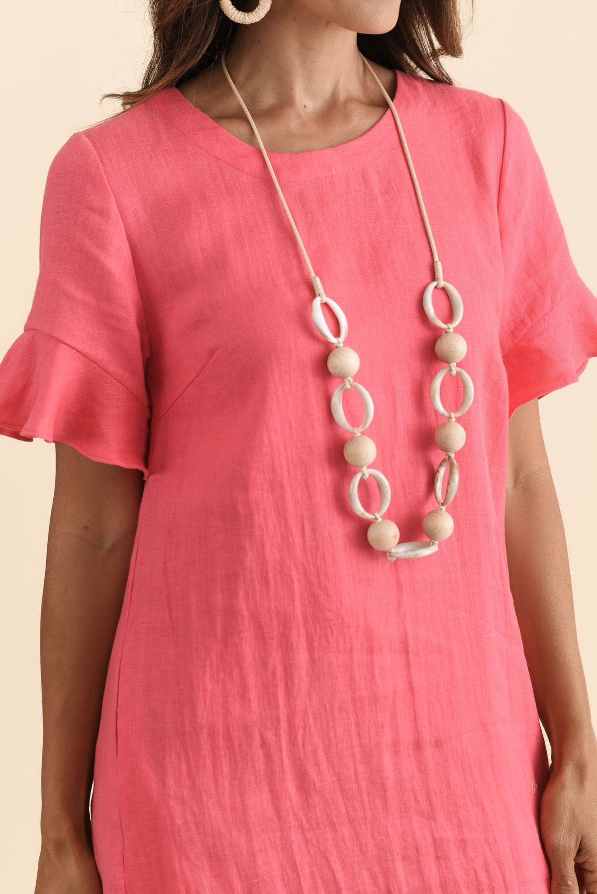 Lesley Melon Linen Flutter Sleeve Dress Detail View