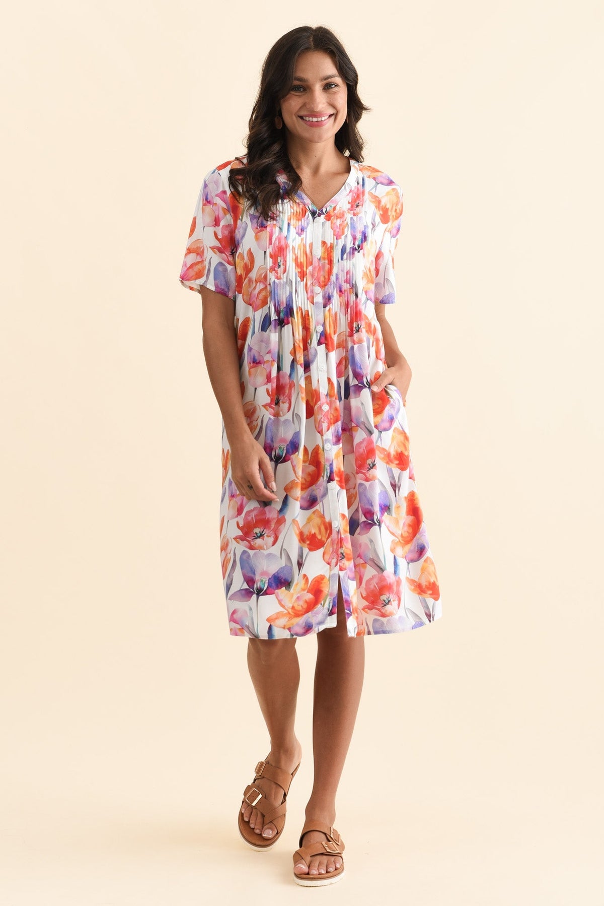 Leticia Orange Flower Midi Dress Front View 2