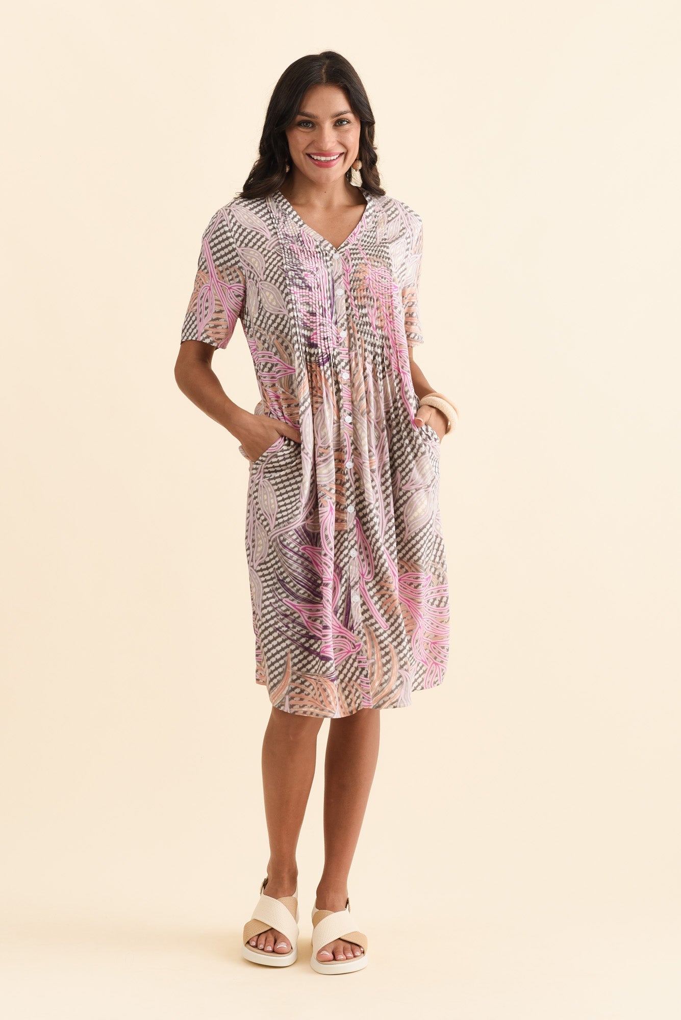Leticia Pink Leaf Midi Dress Full Length View