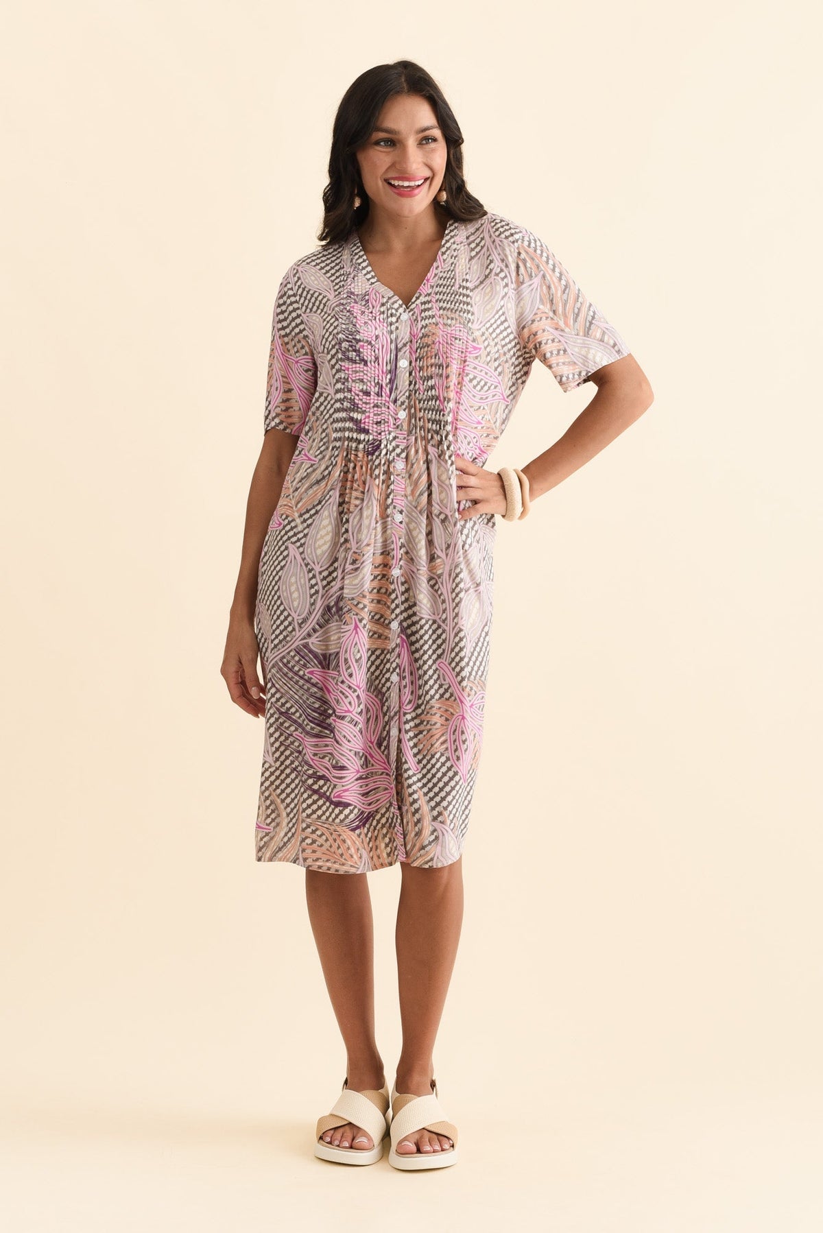 Leticia Pink Leaf Midi Dress Front View 2