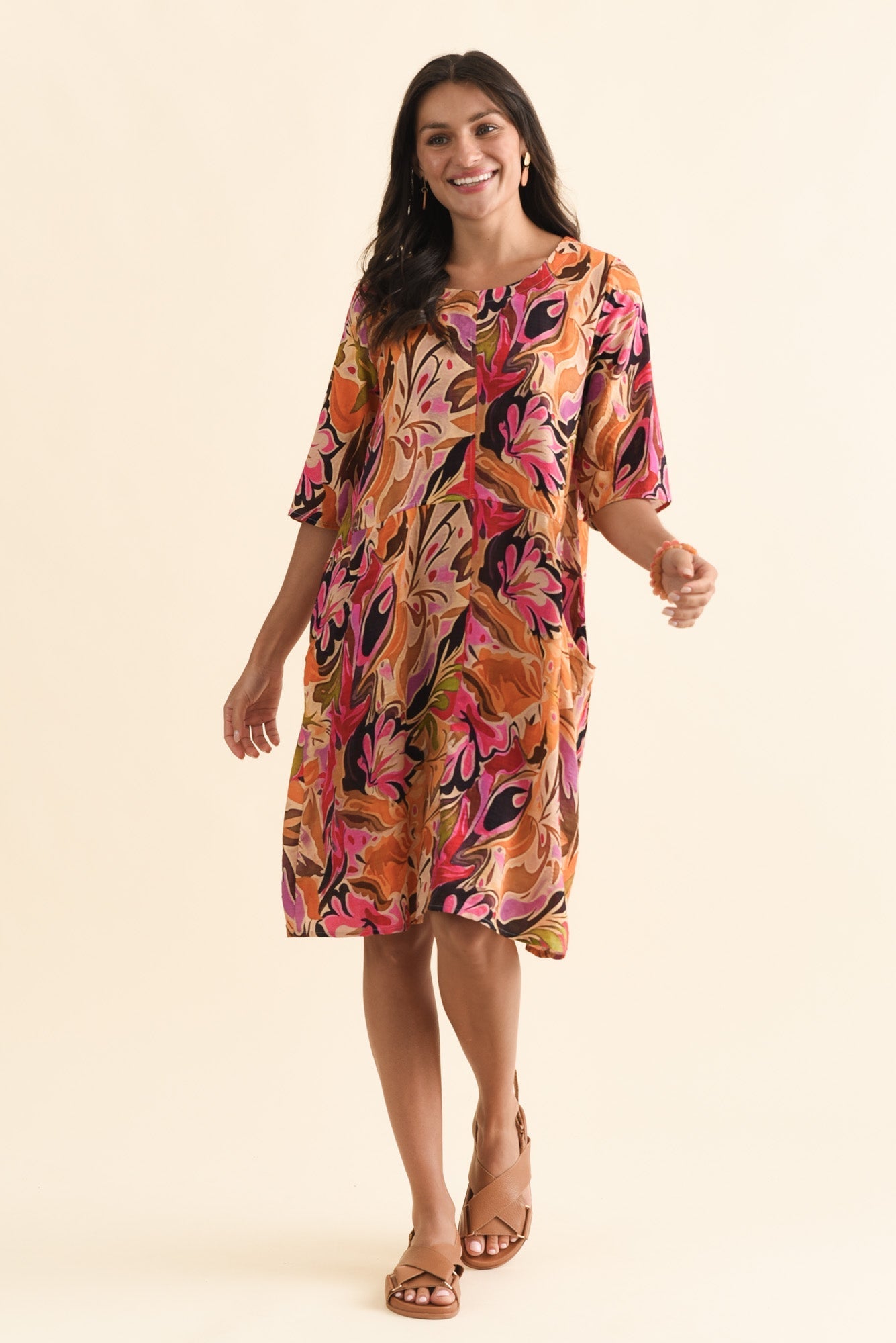 Lilibet Pink Garden Cotton Pocket Dress Front View 2