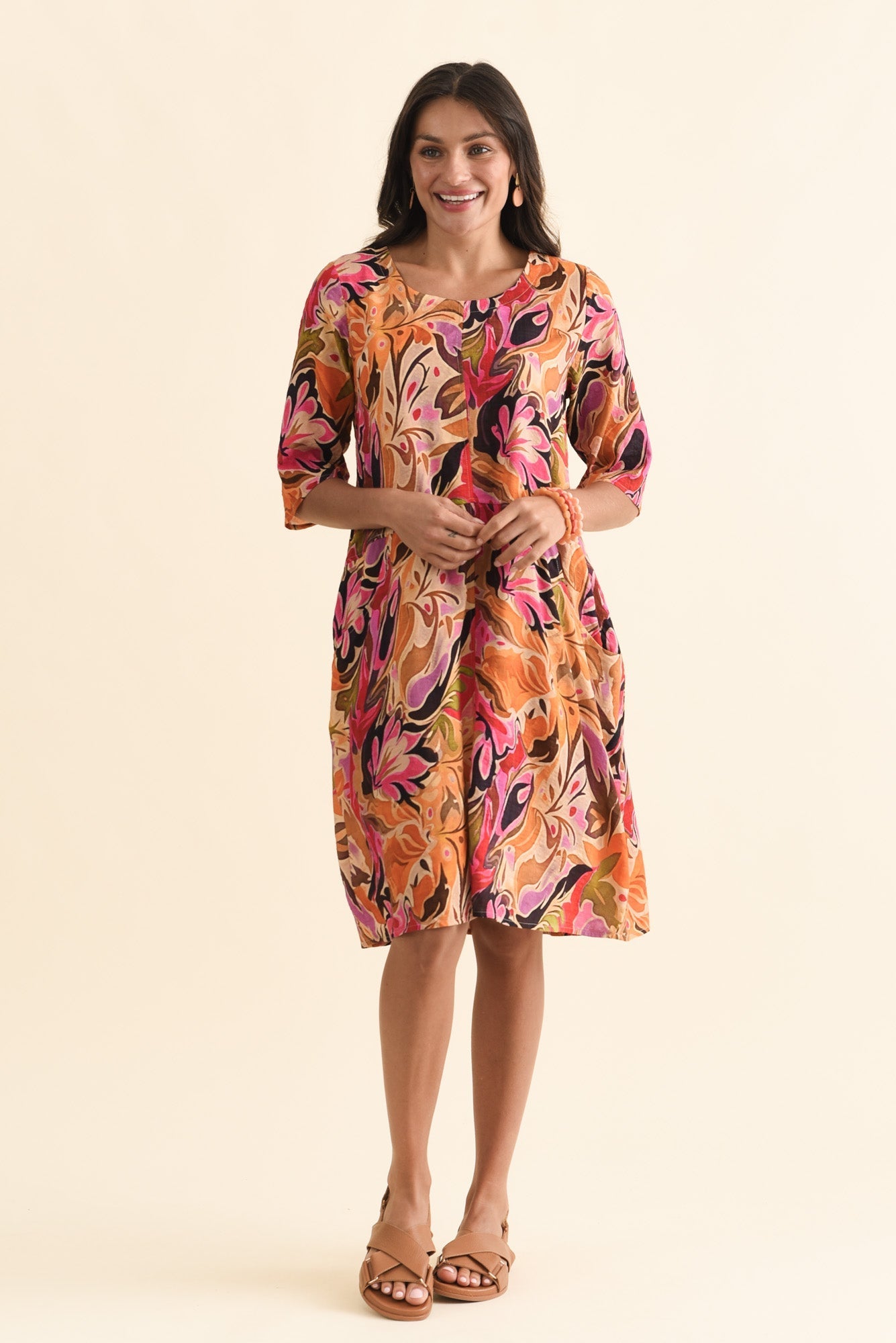 Lilibet Pink Garden Cotton Pocket Dress Front View