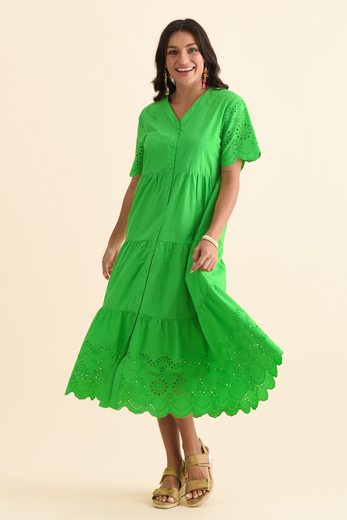 Lilith Green Embroidered Cotton Dress Front View
