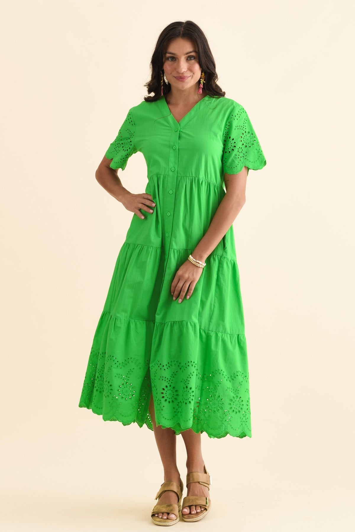 Lilith Green Embroidered Cotton Dress Full Length View