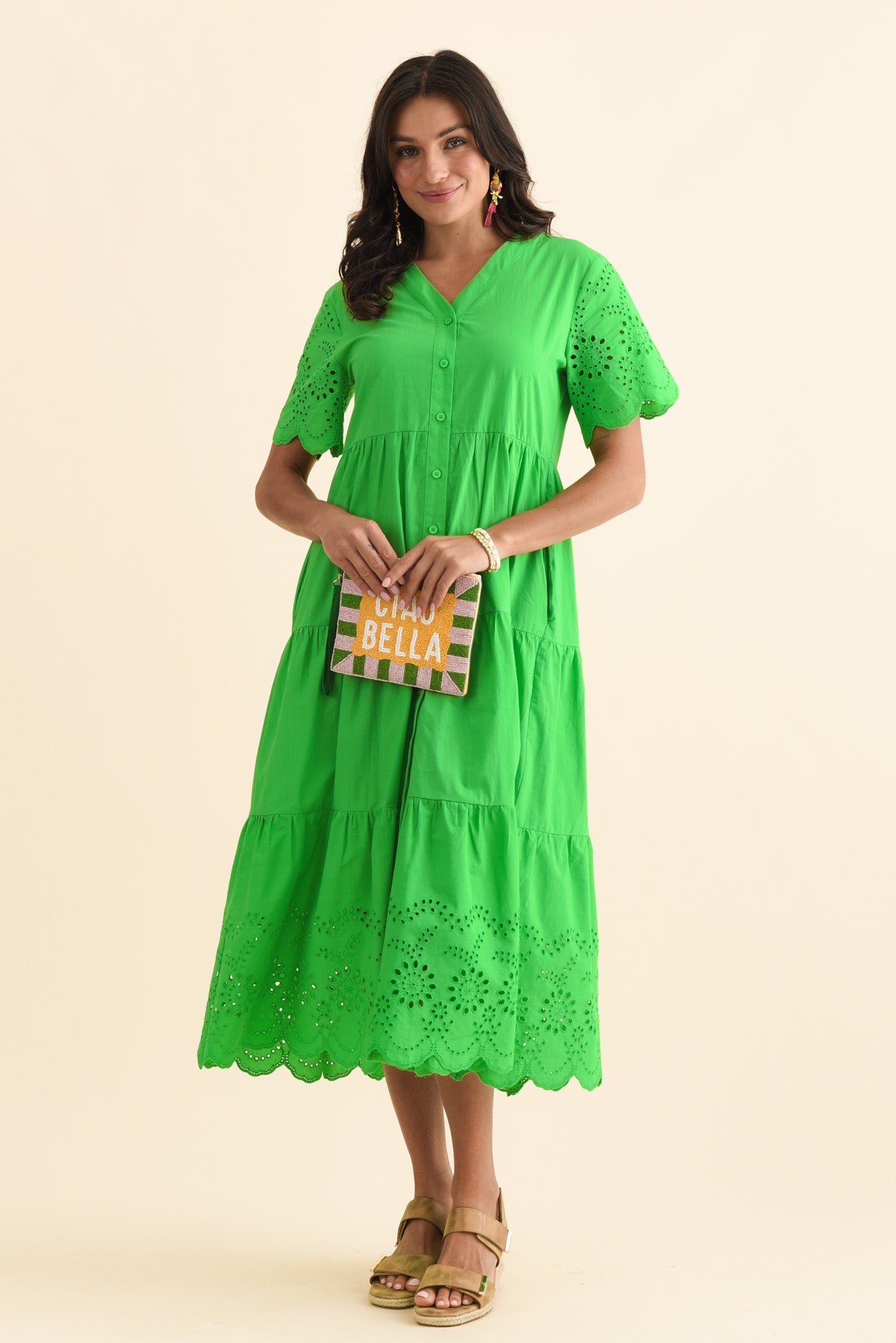 Lilith Green Embroidered Cotton Dress Front View 2