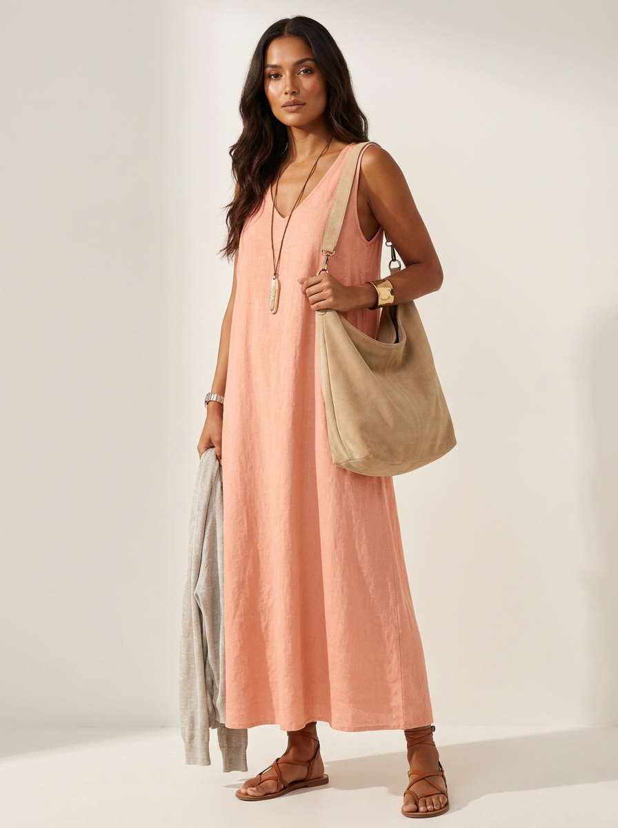 Linnenlook maxi damesjurk - Ava Side View