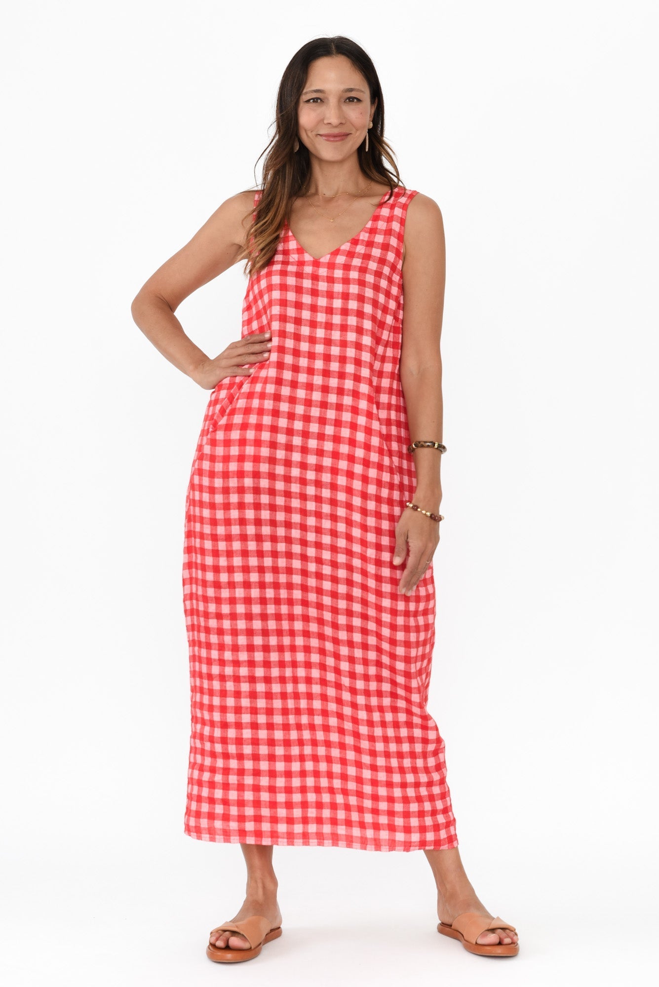 Lisa Red Check Linen Pocket Dress Front View 2