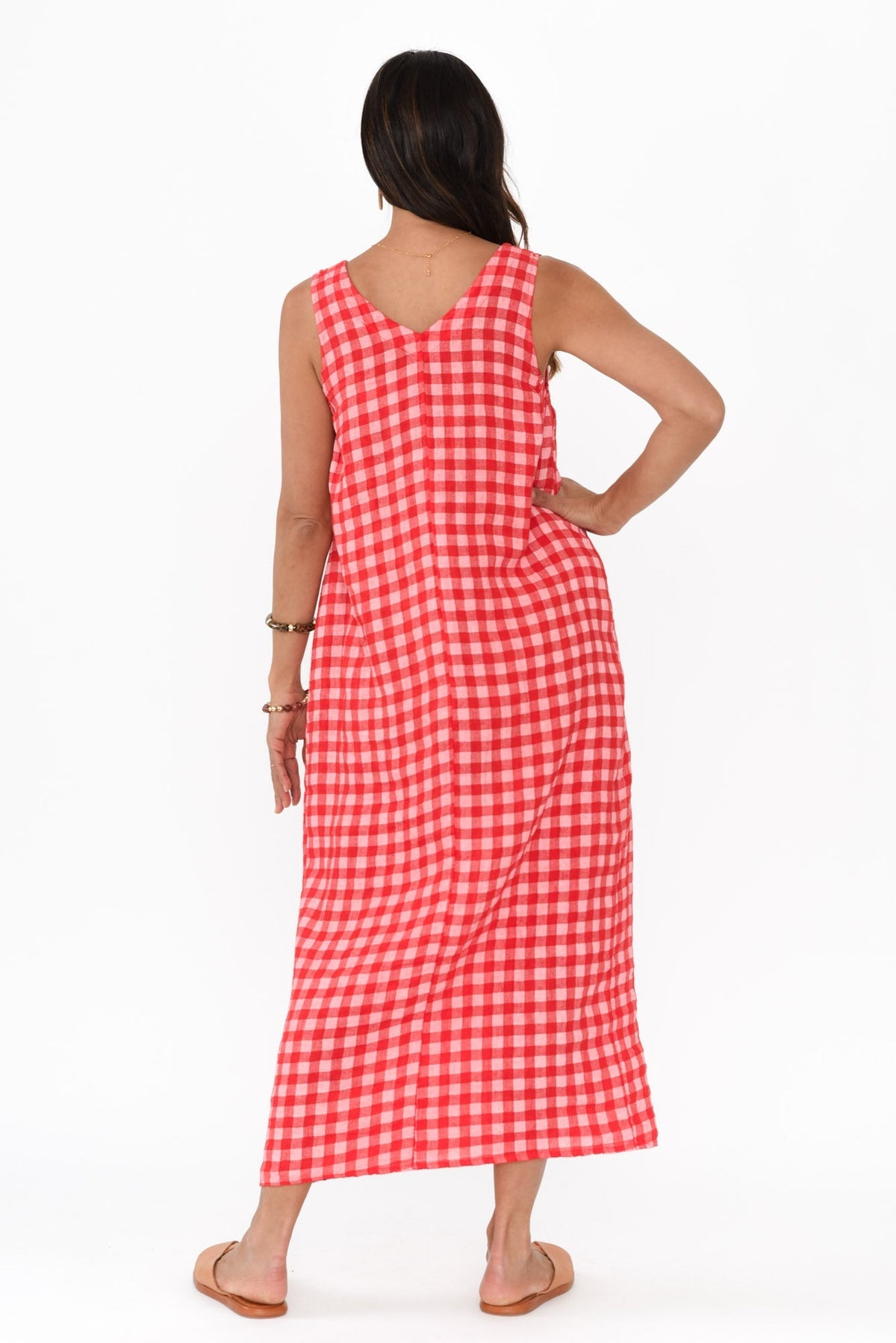 Lisa Red Check Linen Pocket Dress Side View