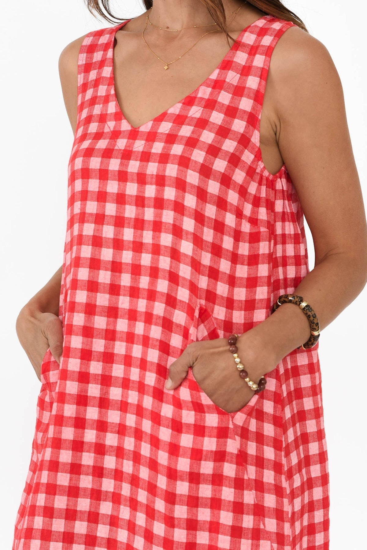 Lisa Red Check Linen Pocket Dress Detail View