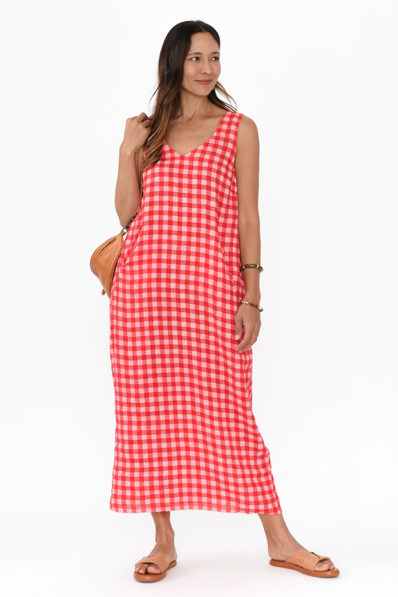 Lisa Red Check Linen Pocket Dress Front View