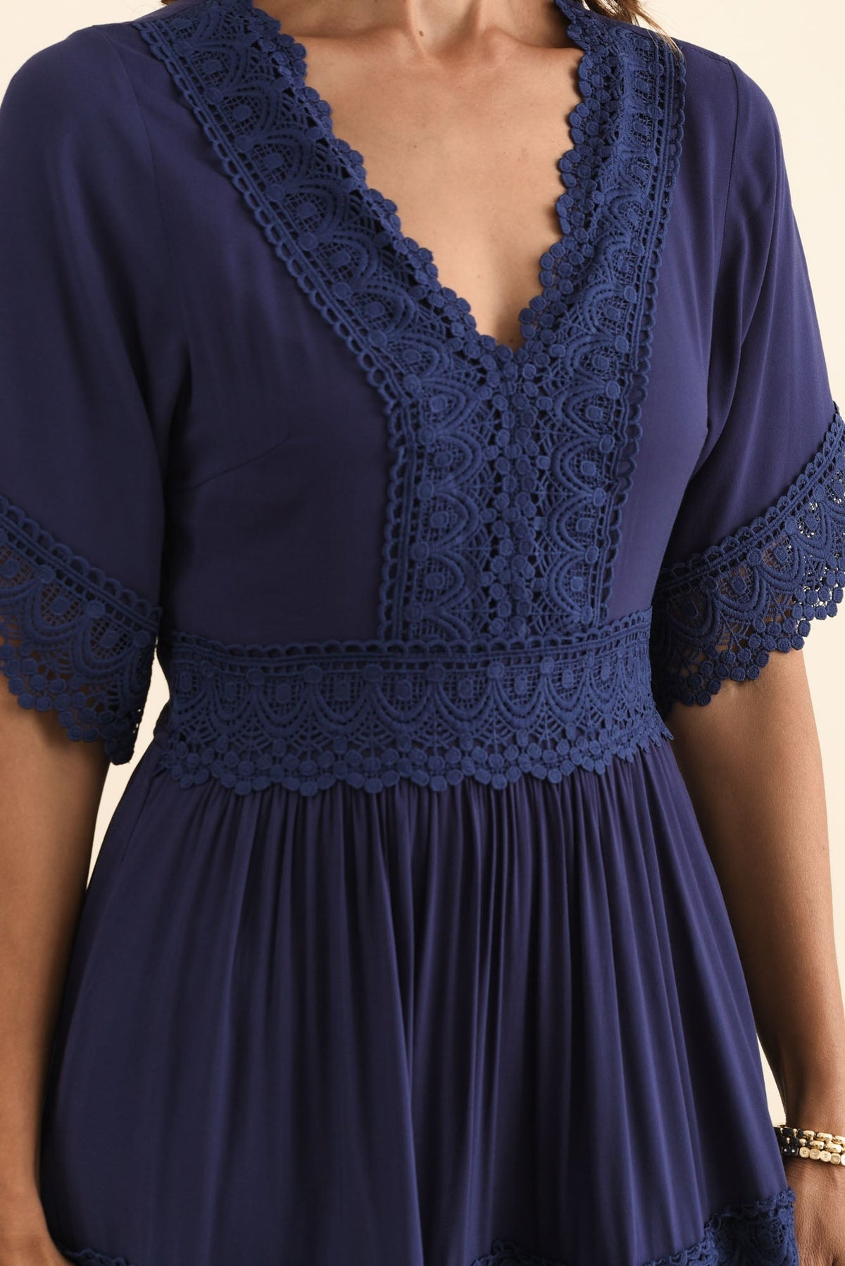 Loris Navy Lace Trim Dress Detail View