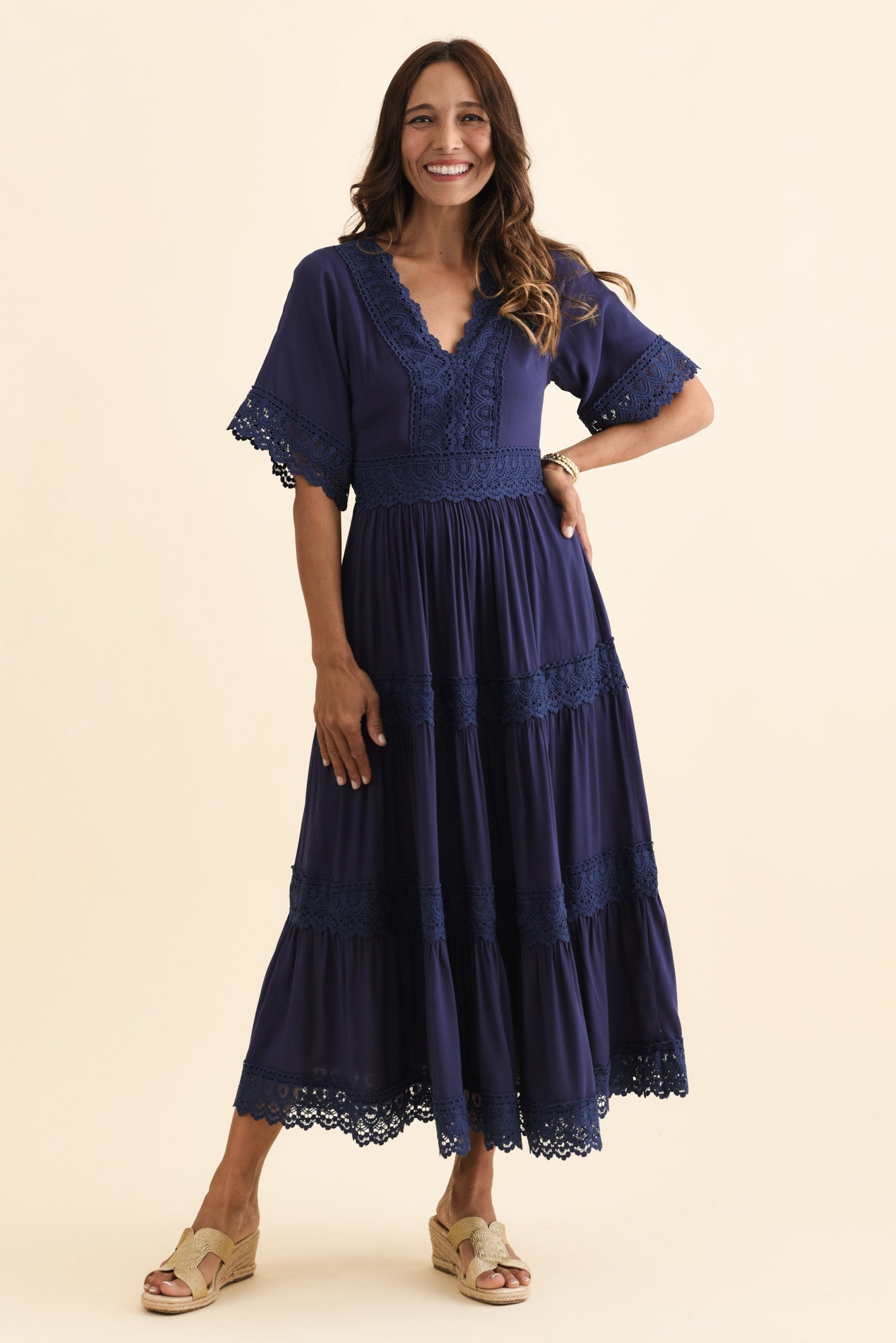 Loris Navy Lace Trim Dress Front View 2