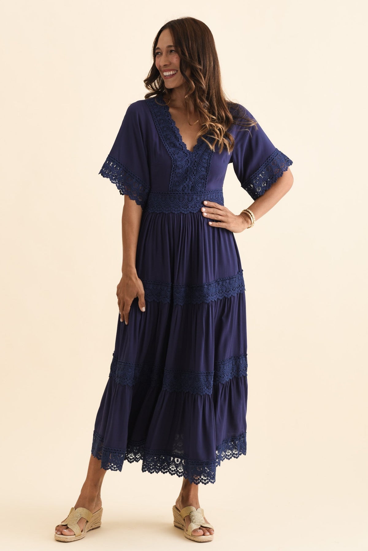 Loris Navy Lace Trim Dress Full Length View