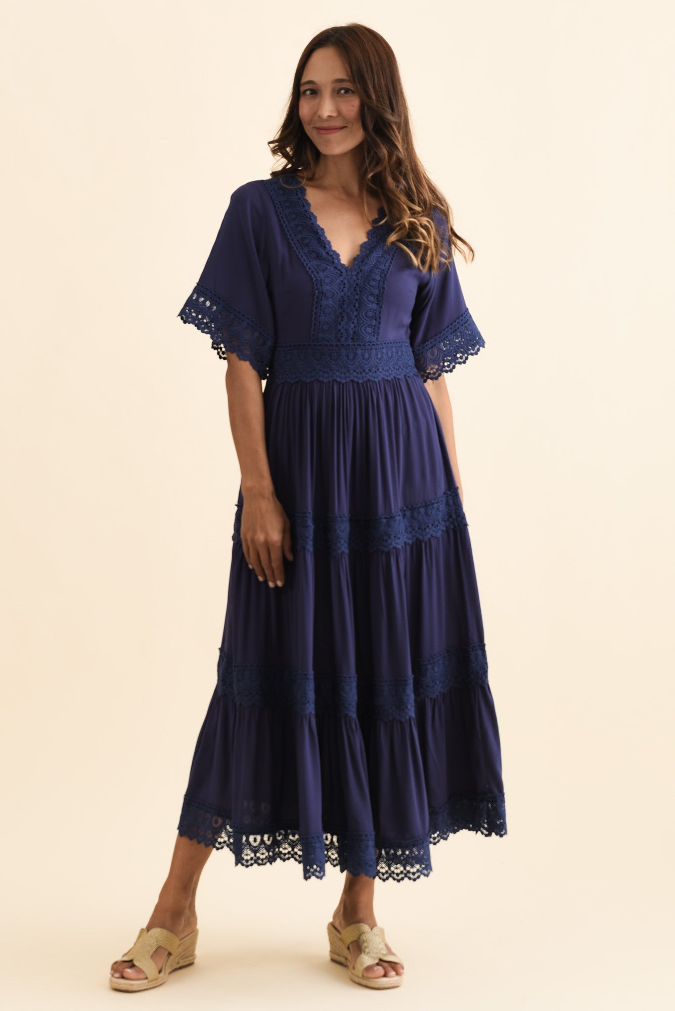 Loris Navy Lace Trim Dress Front View