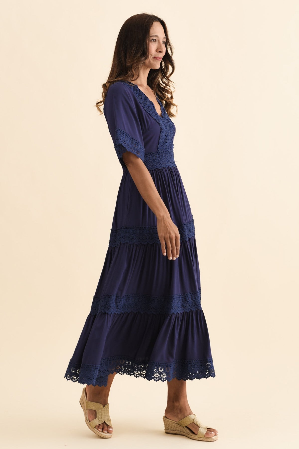 Loris Navy Lace Trim Dress Back View