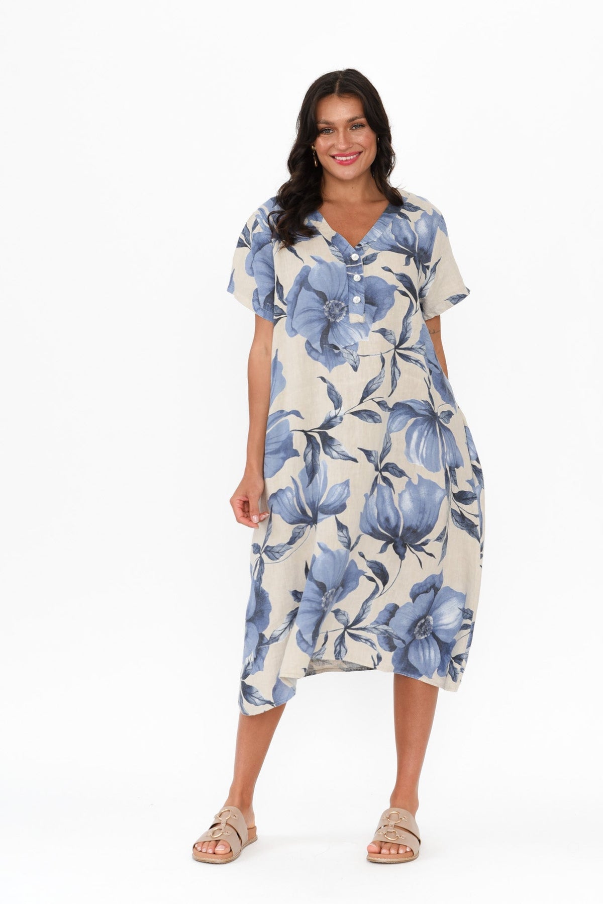 Louisiana Taupe Floral Button Dress Front View