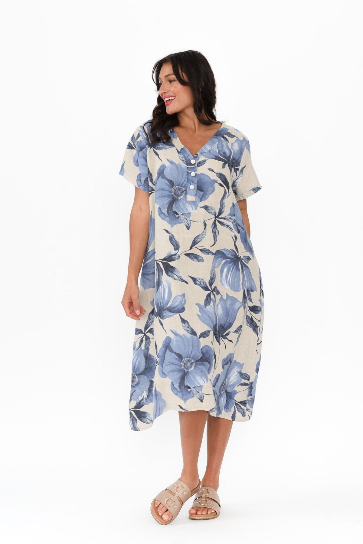 Louisiana Taupe Floral Button Dress Full Length View