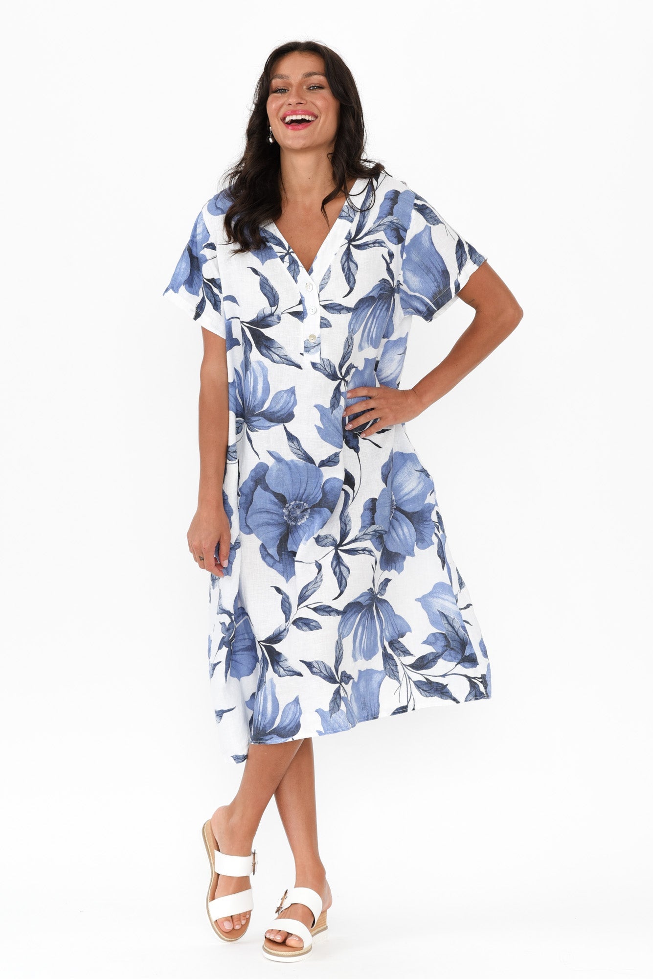 Louisiana White Floral Button Dress Full Length View