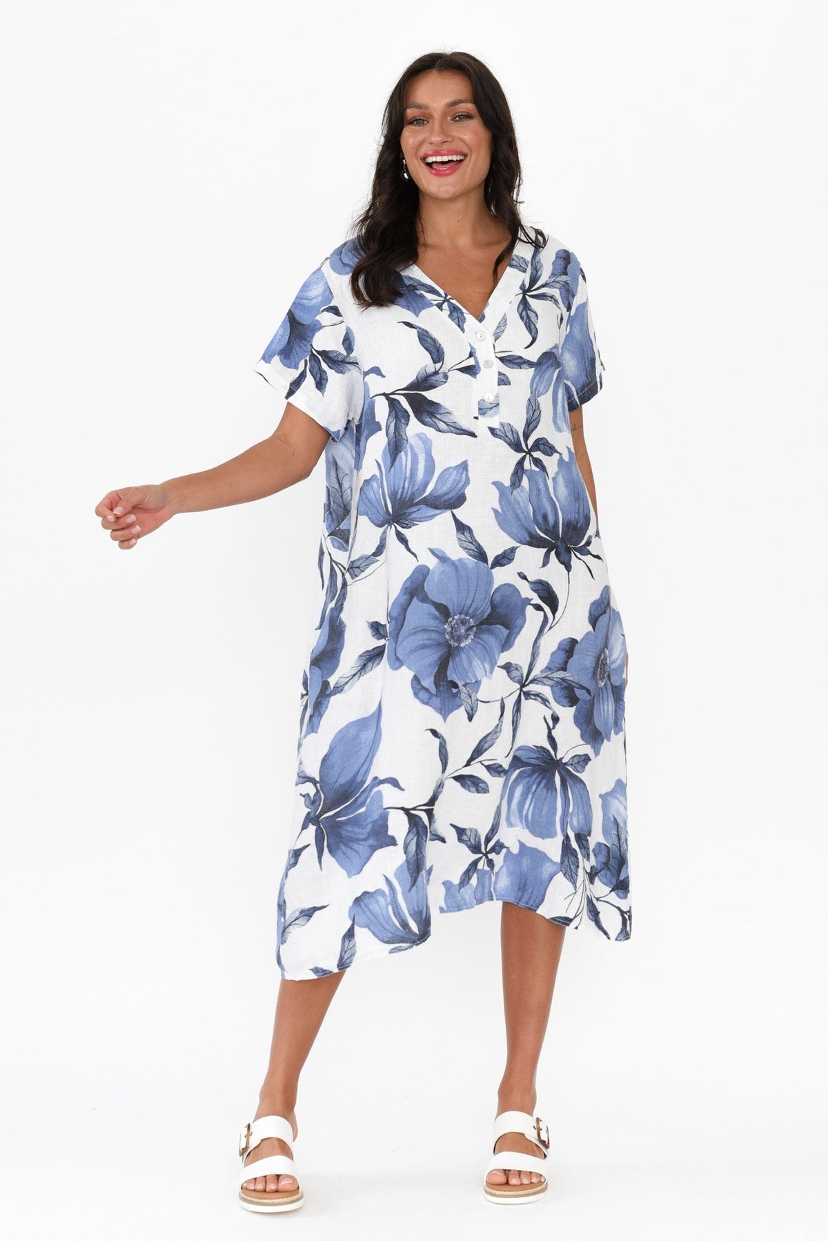 Louisiana White Floral Button Dress Front View