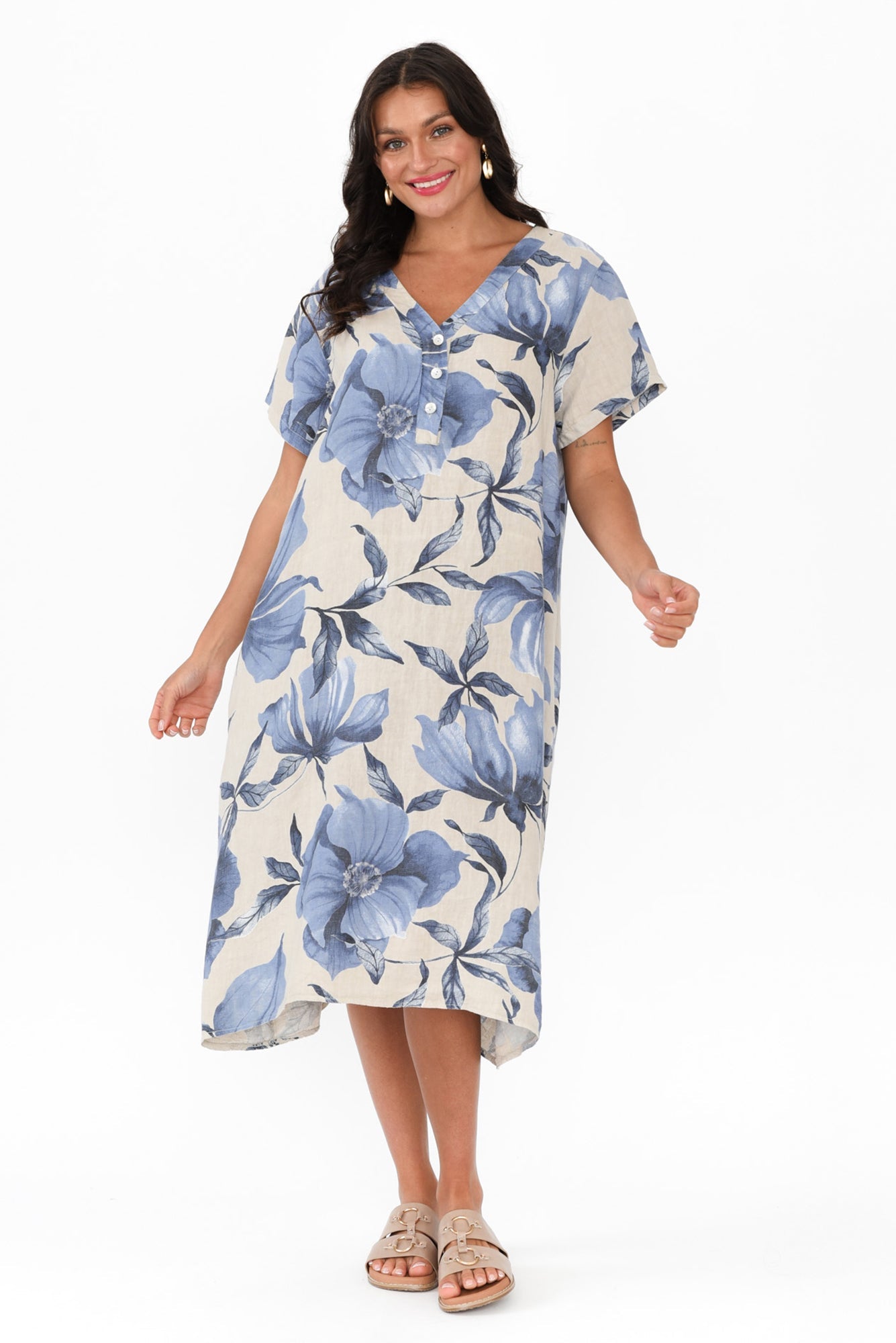 Louisiana Taupe Floral Button Dress Front View 2